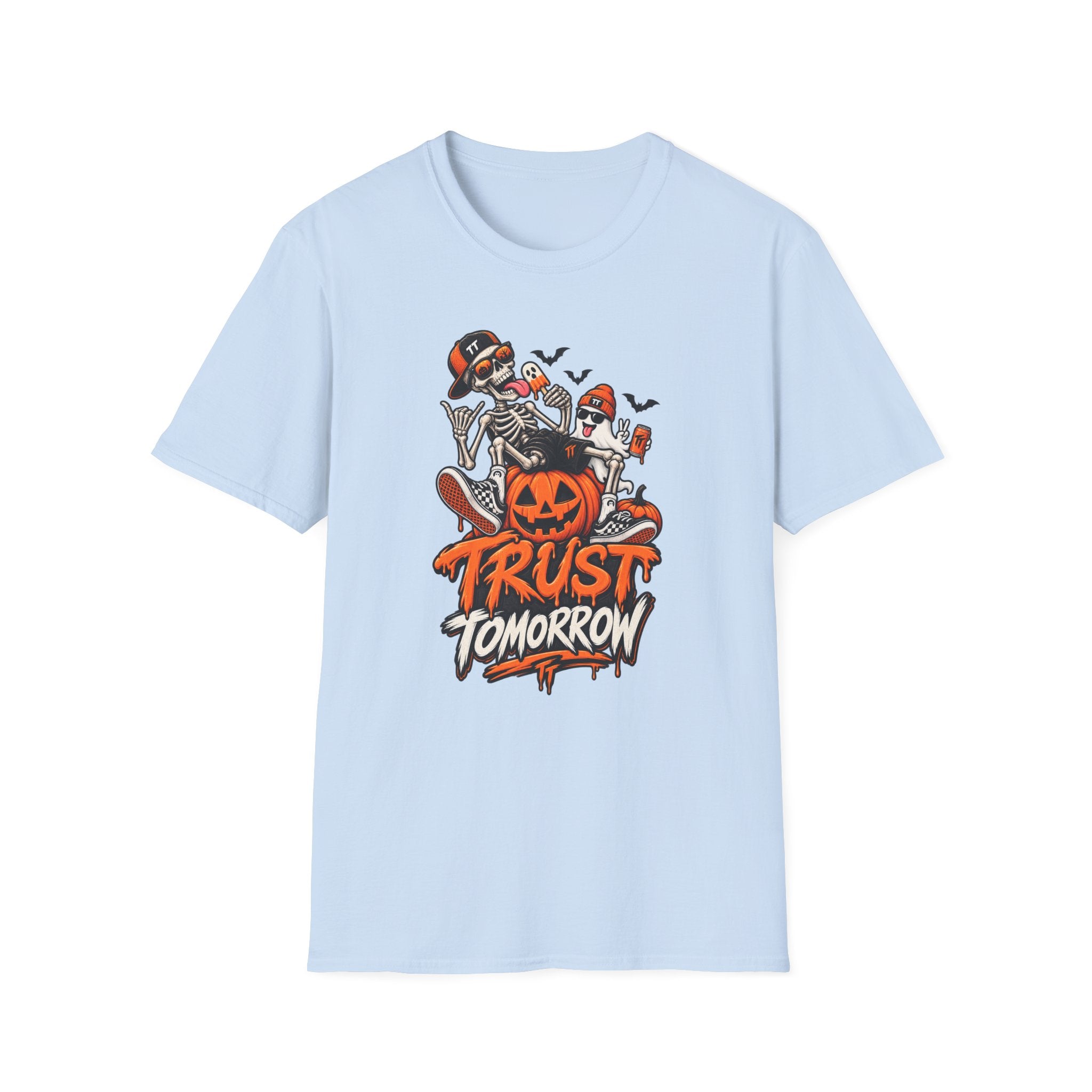 Halloween Skeletons Pumpkin T‑Shirt — “Trust Tomorrow” Graphic Tee