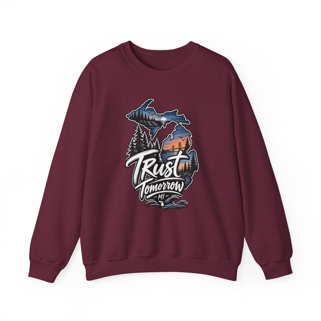 Michigan 'Trust Tomorrow' Crewneck Sweatshirt – Scenic Sunset Lake Design