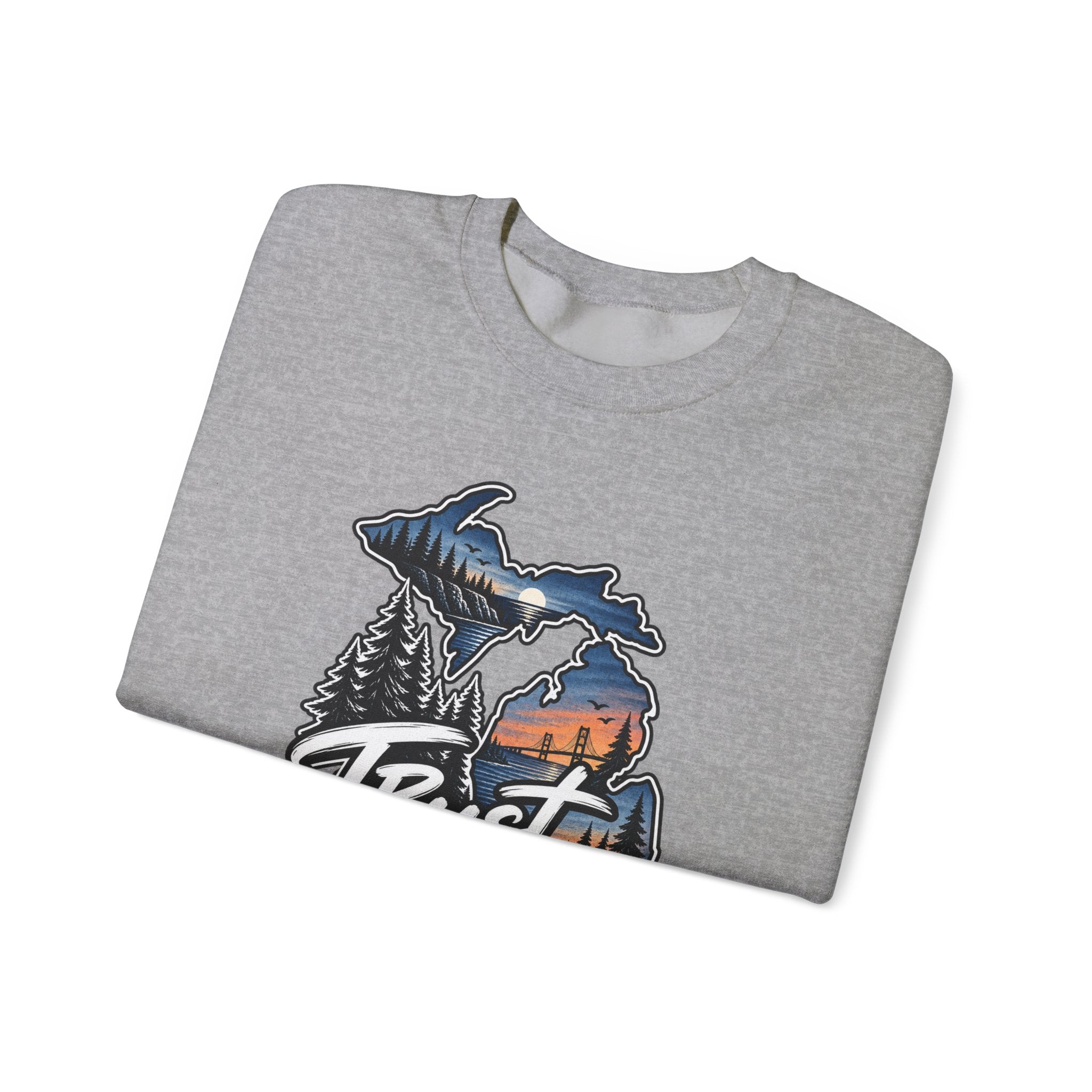 Michigan 'Trust Tomorrow' Crewneck Sweatshirt – Scenic Sunset Lake Design