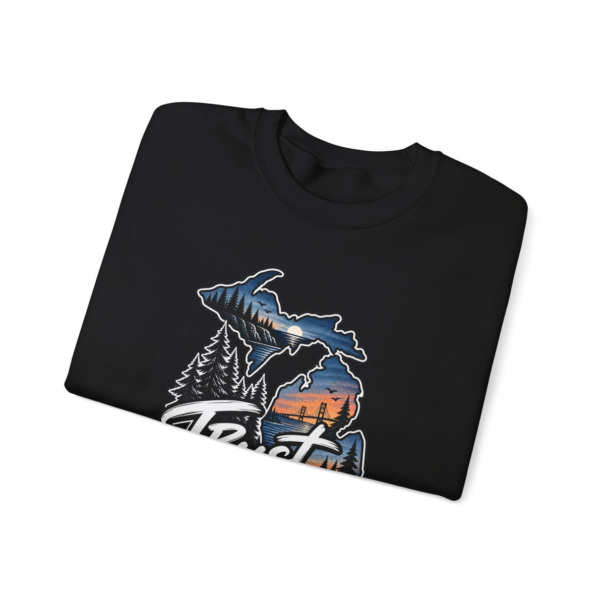 Michigan 'Trust Tomorrow' Crewneck Sweatshirt – Scenic Sunset Lake Design