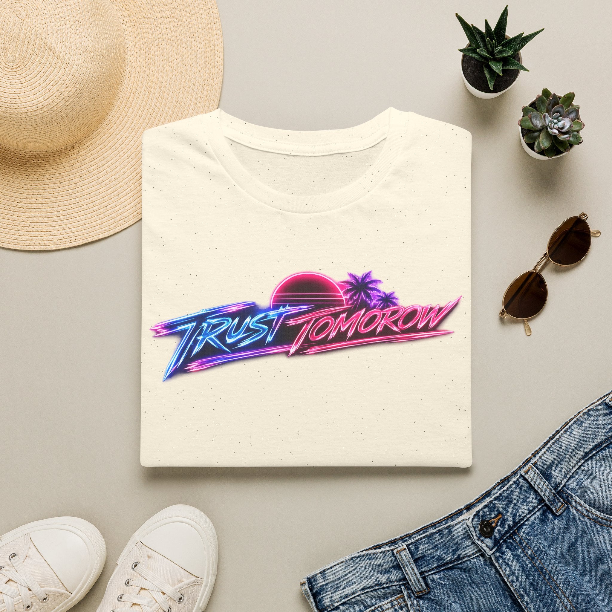 T-Shirt — Retro 'Trust Tomorrow' Neon Sunset Graphic Tee