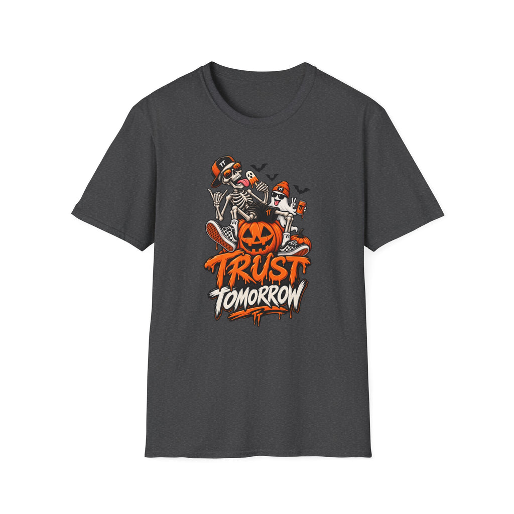 Halloween Skeletons Pumpkin T‑Shirt — “Trust Tomorrow” Graphic Tee