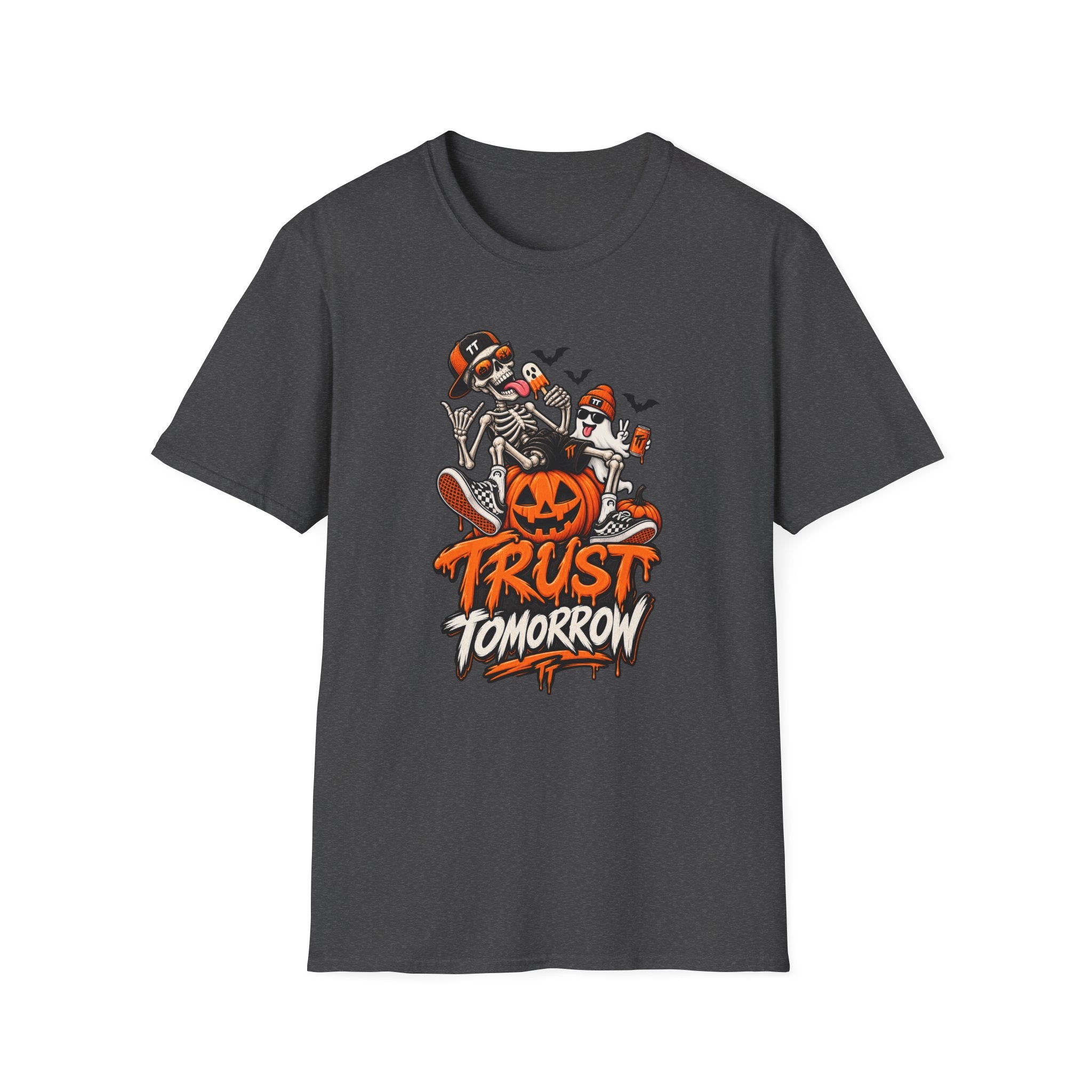 Halloween Skeletons Pumpkin T‑Shirt — “Trust Tomorrow” Graphic Tee