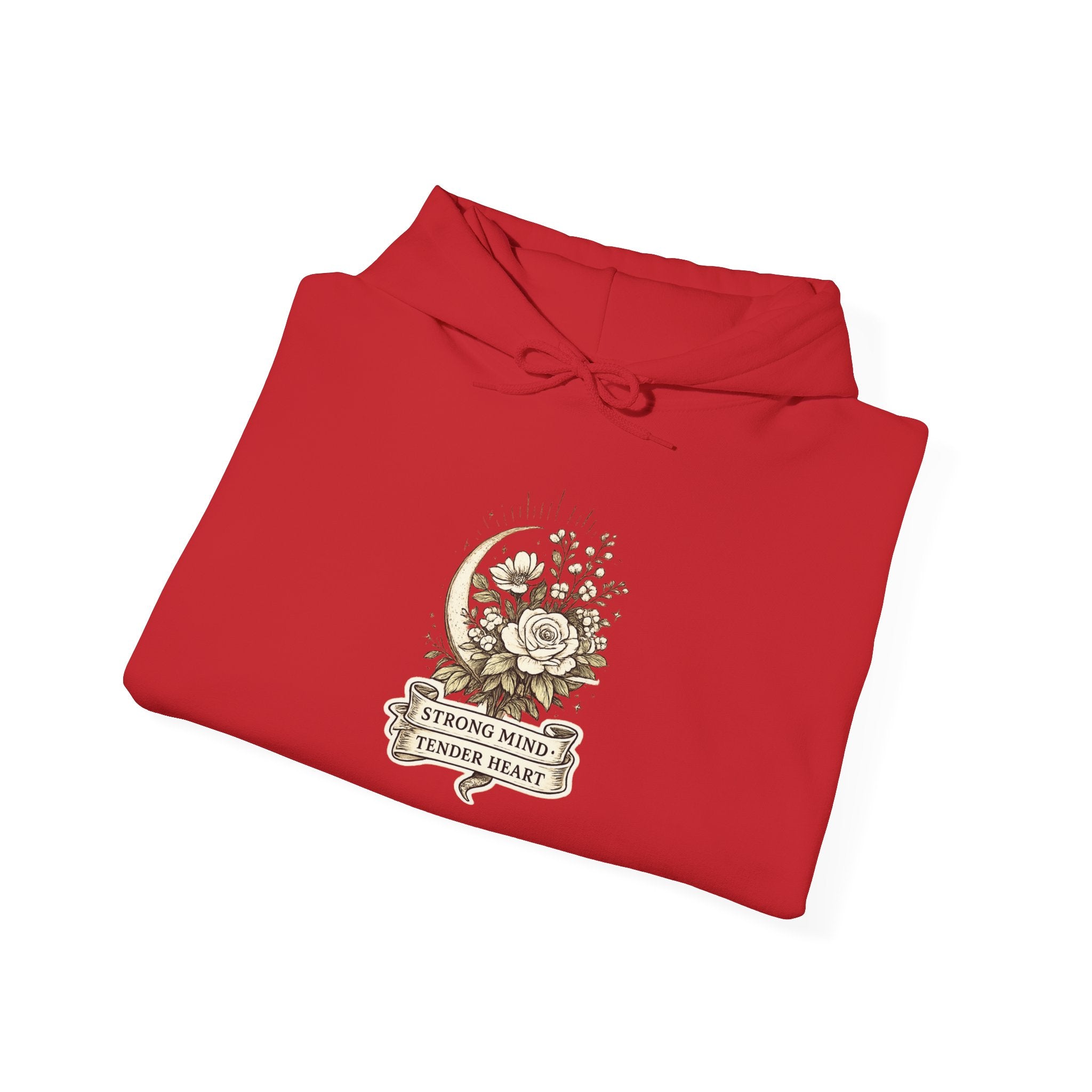 Floral Crescent Moon Hoodie — "Strong Mind, Gentle Heart" Comfort Sweatshirt