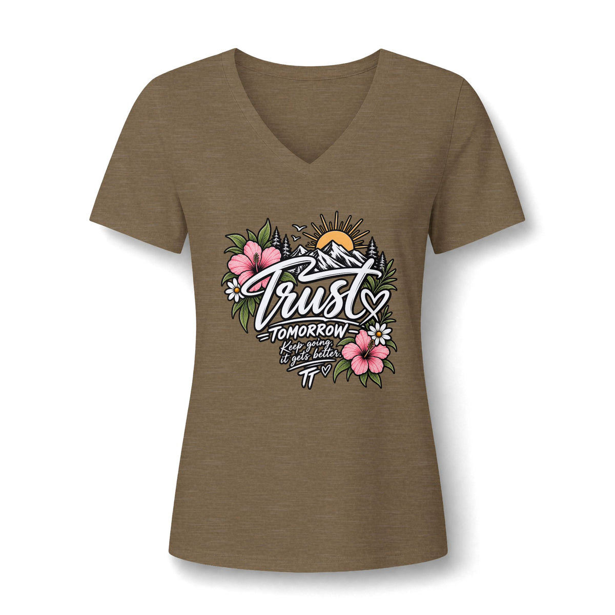 Trust Tomorrow Floral V-Neck Tee — Inspirational Women's Graphic Shirt