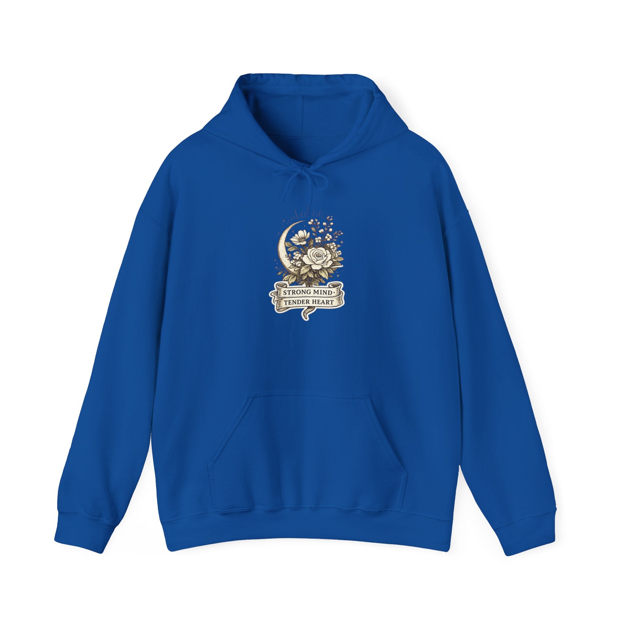 Floral Crescent Moon Hoodie — "Strong Mind, Gentle Heart" Comfort Sweatshirt