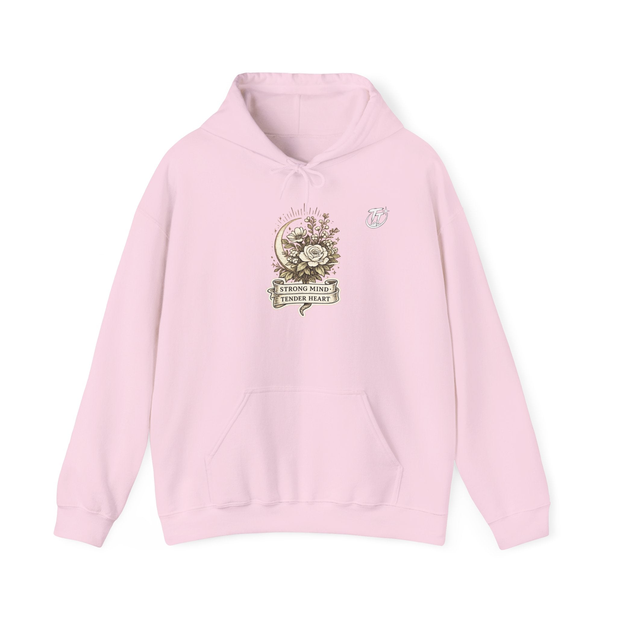 Floral Crescent Moon Hoodie — "Strong Mind, Gentle Heart" Comfort Sweatshirt