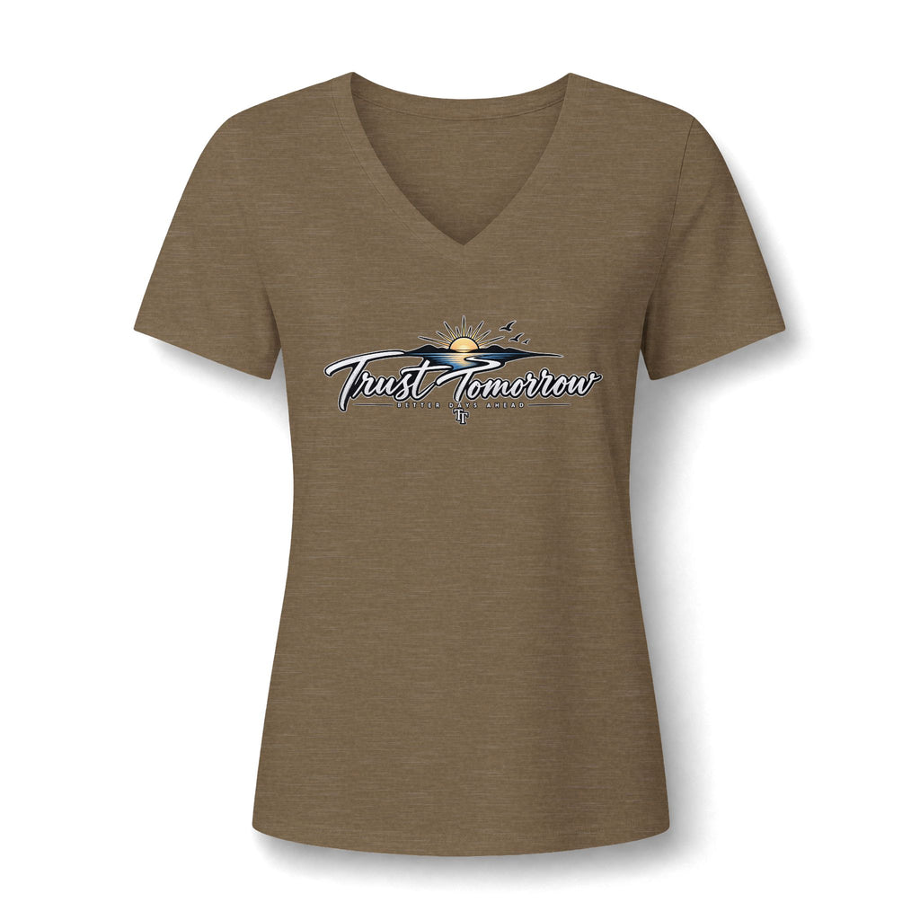 Women's V-Neck Tee — 'Trust Tomorrow' Sunrise Graphic Comfort Shirt