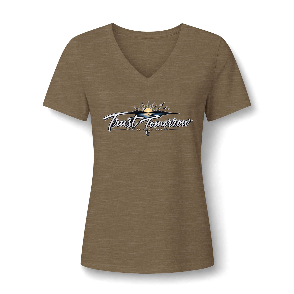 Women's V-Neck Tee — 'Trust Tomorrow' Sunrise Graphic Comfort Shirt