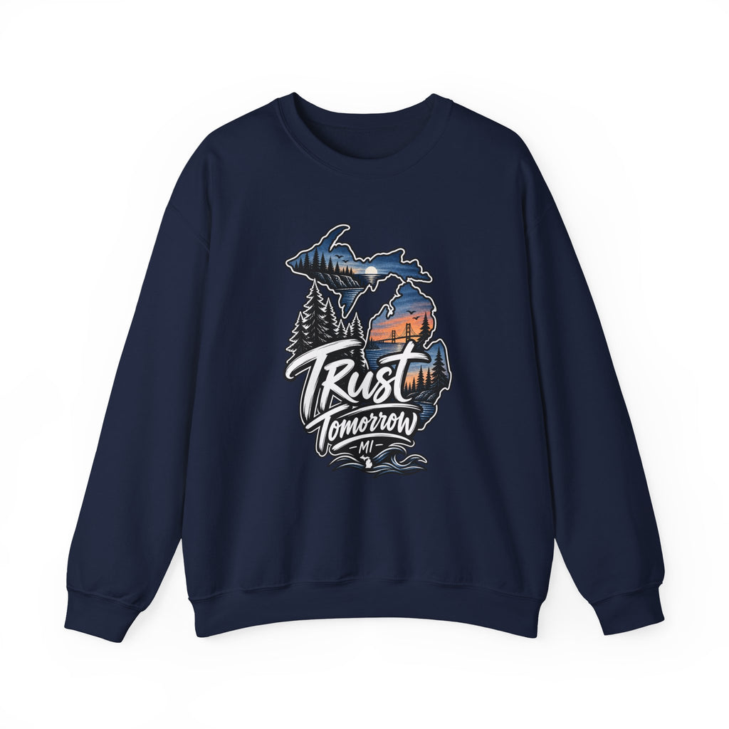 Michigan 'Trust Tomorrow' Crewneck Sweatshirt – Scenic Sunset Lake Design
