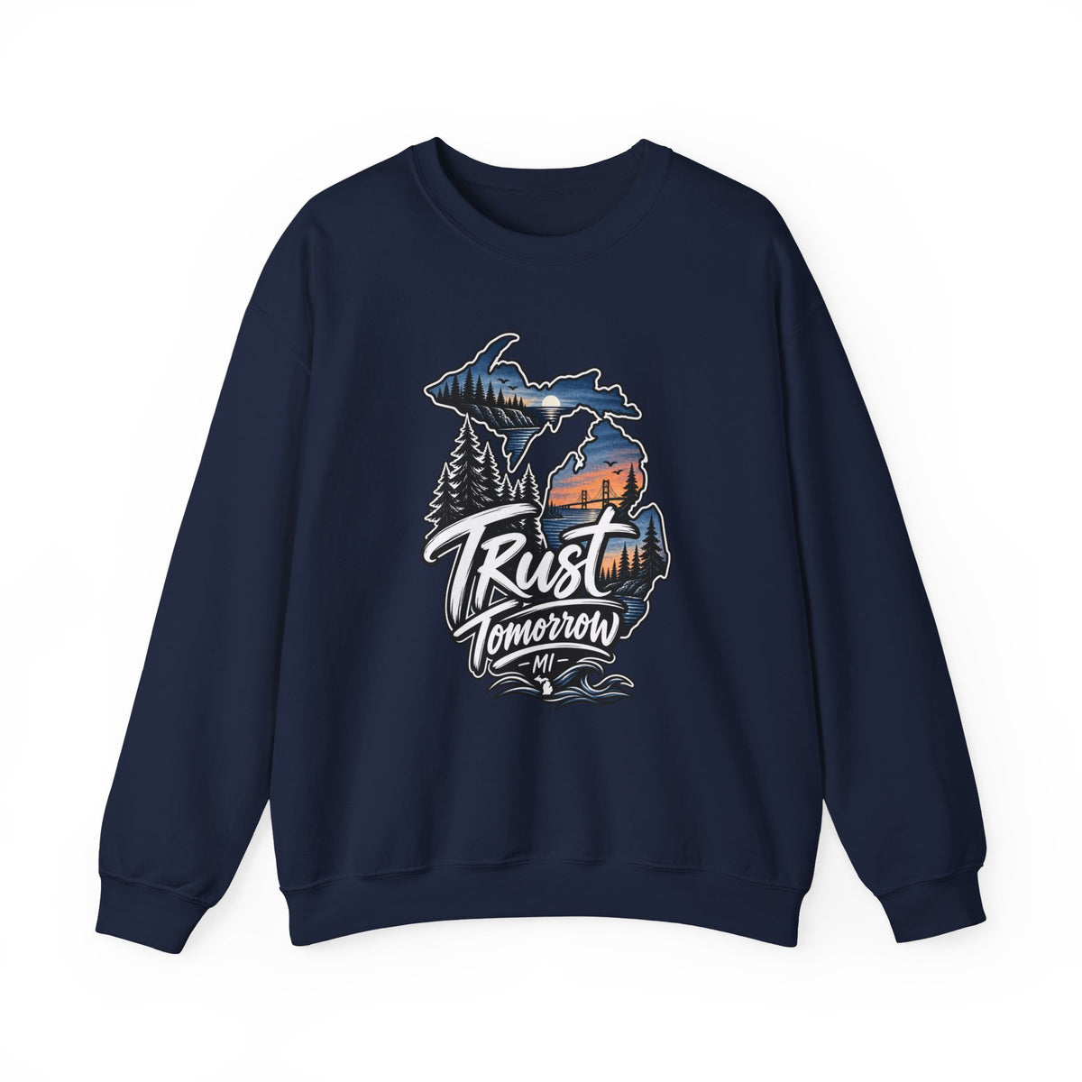 Michigan 'Trust Tomorrow' Crewneck Sweatshirt – Scenic Sunset Lake Design