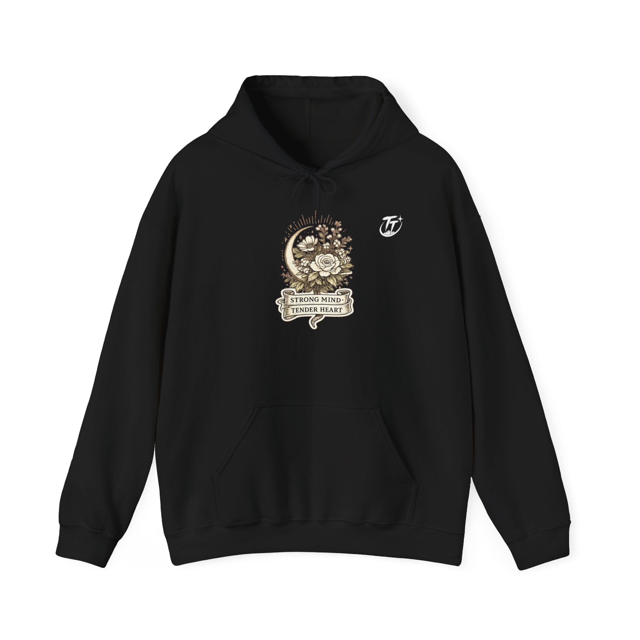 Floral Crescent Moon Hoodie — "Strong Mind, Gentle Heart" Comfort Sweatshirt