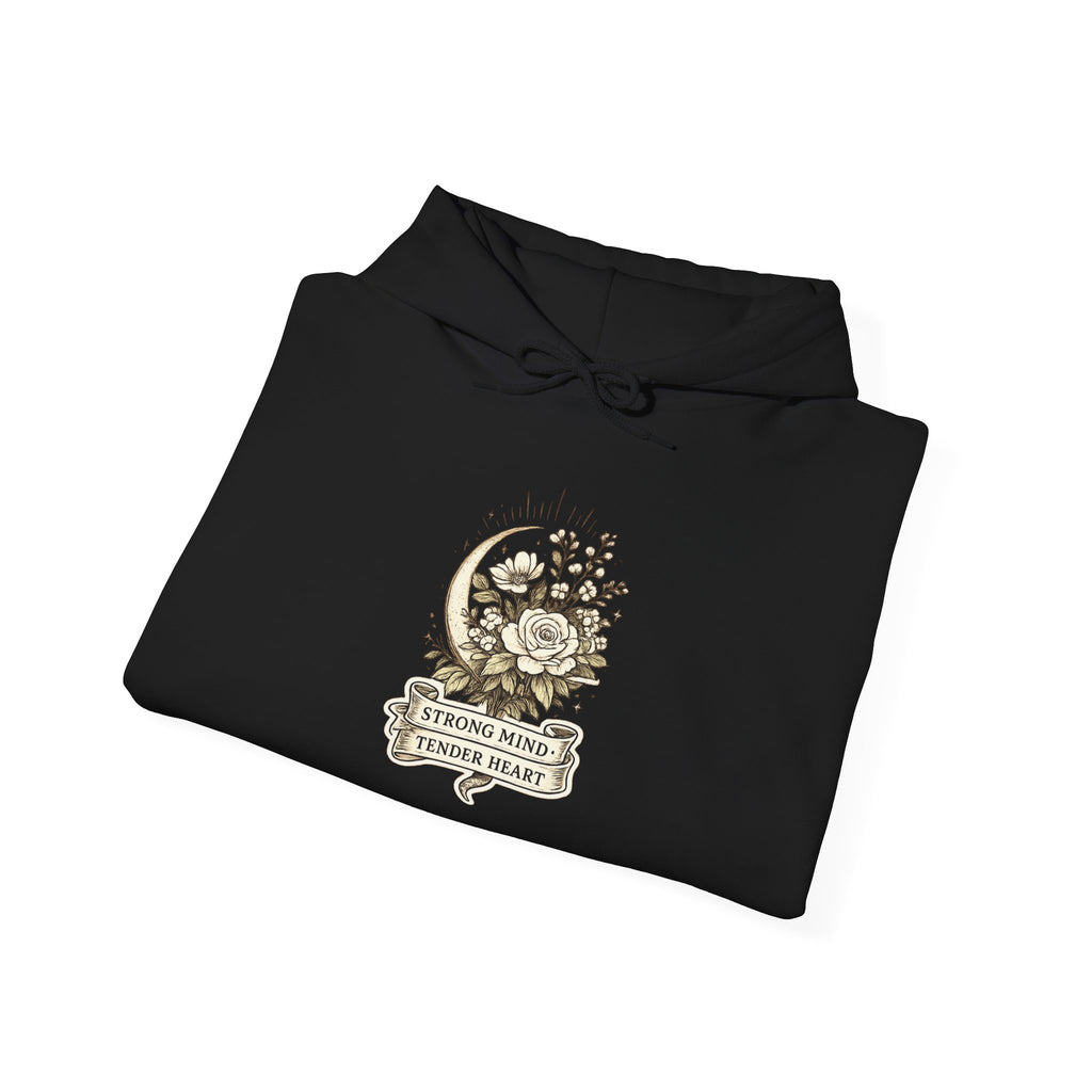 Floral Crescent Moon Hoodie — "Strong Mind, Gentle Heart" Comfort Sweatshirt