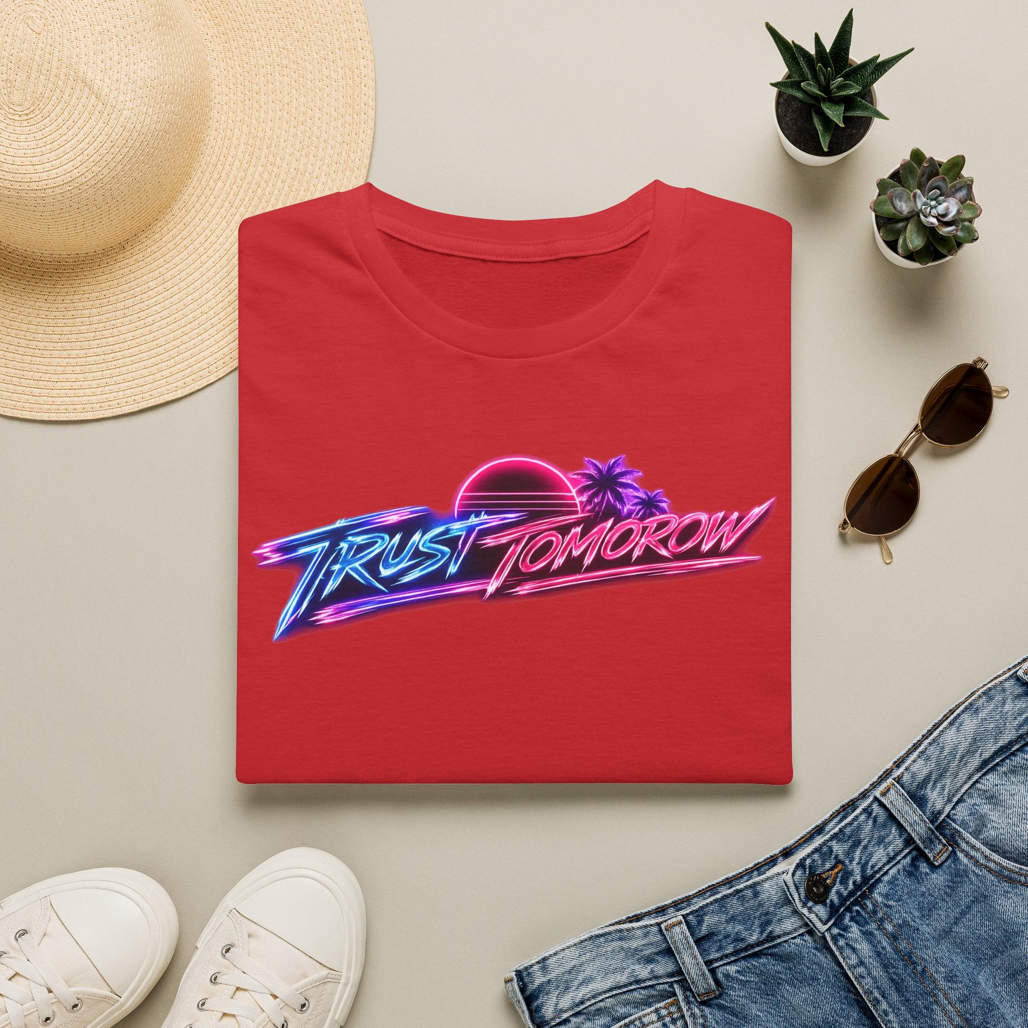 T-Shirt — Retro 'Trust Tomorrow' Neon Sunset Graphic Tee