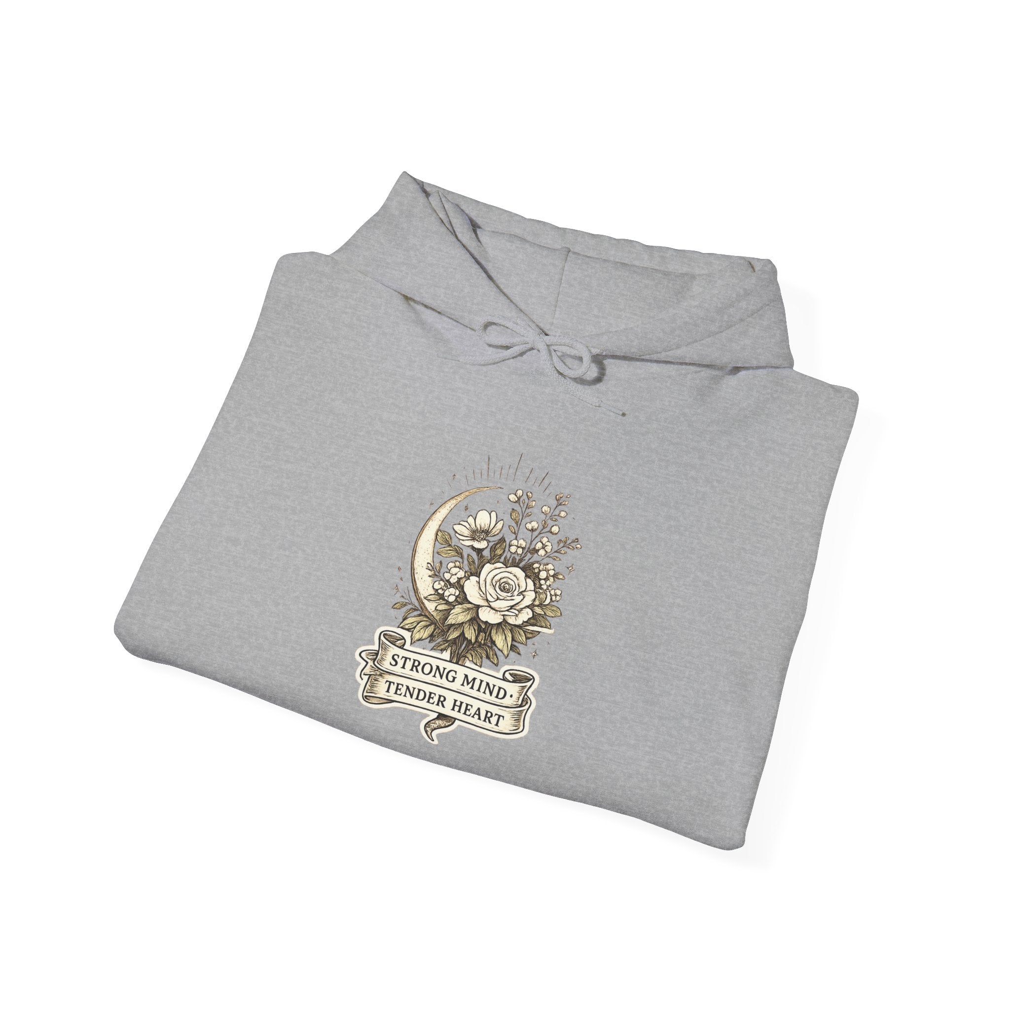 Floral Crescent Moon Hoodie — "Strong Mind, Gentle Heart" Comfort Sweatshirt