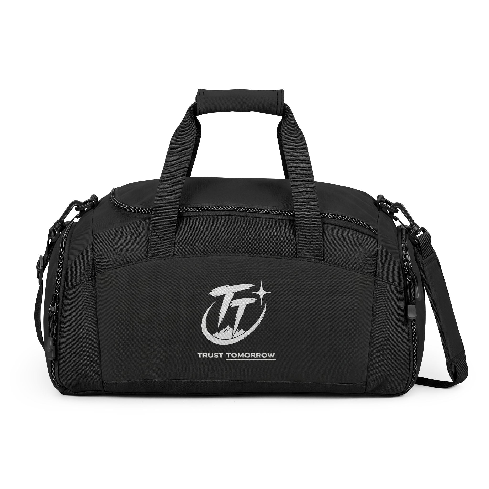 Trust Tomorrow' Black Gym Bag — Durable Sports Duffel with Shoulder Strap