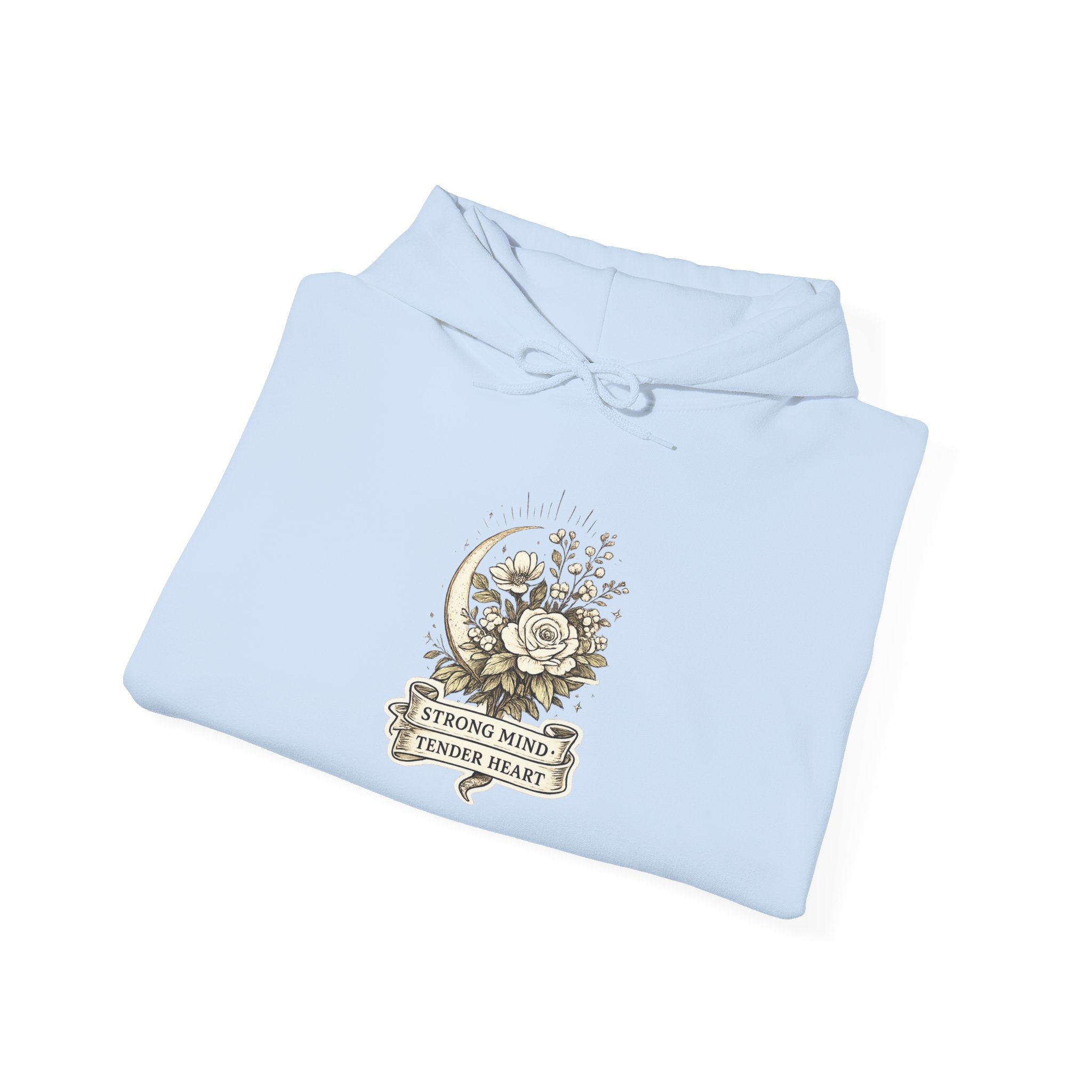 Floral Crescent Moon Hoodie — "Strong Mind, Gentle Heart" Comfort Sweatshirt
