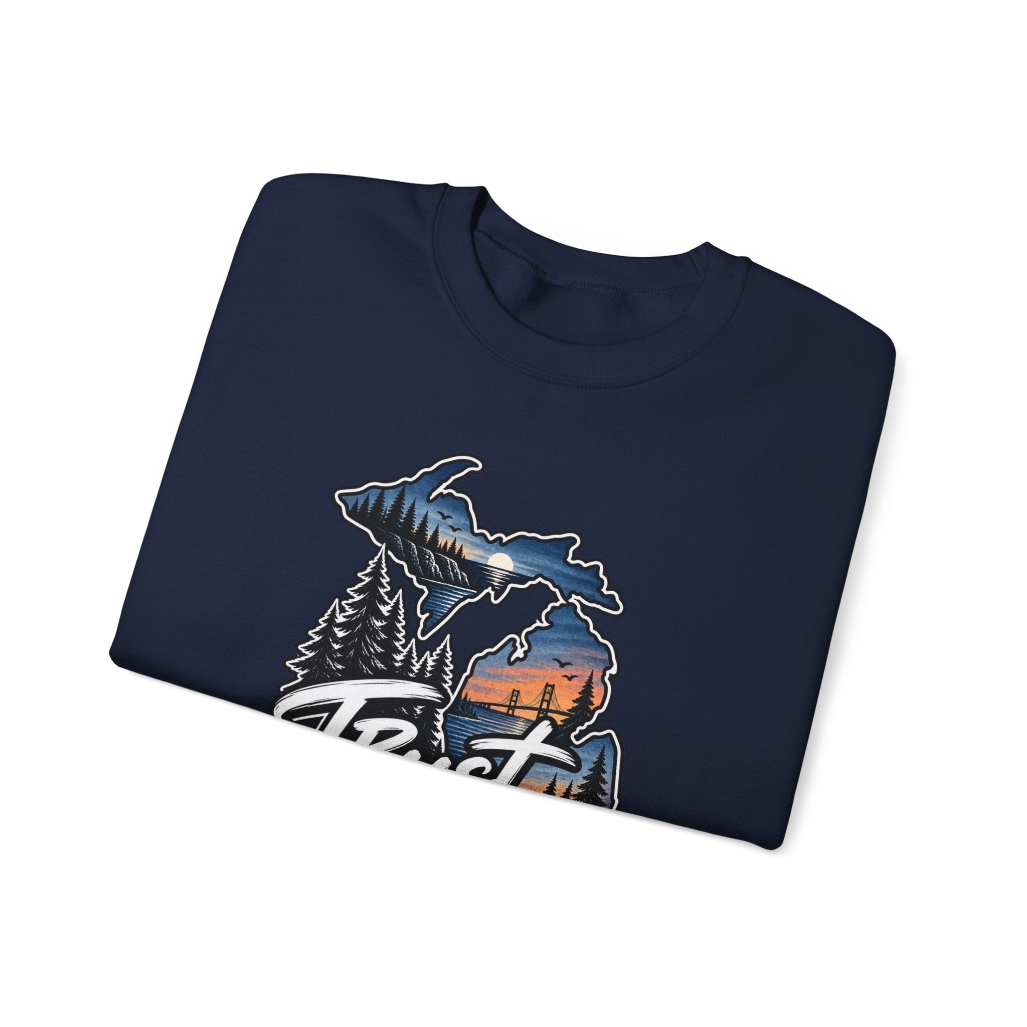 Michigan 'Trust Tomorrow' Crewneck Sweatshirt – Scenic Sunset Lake Design