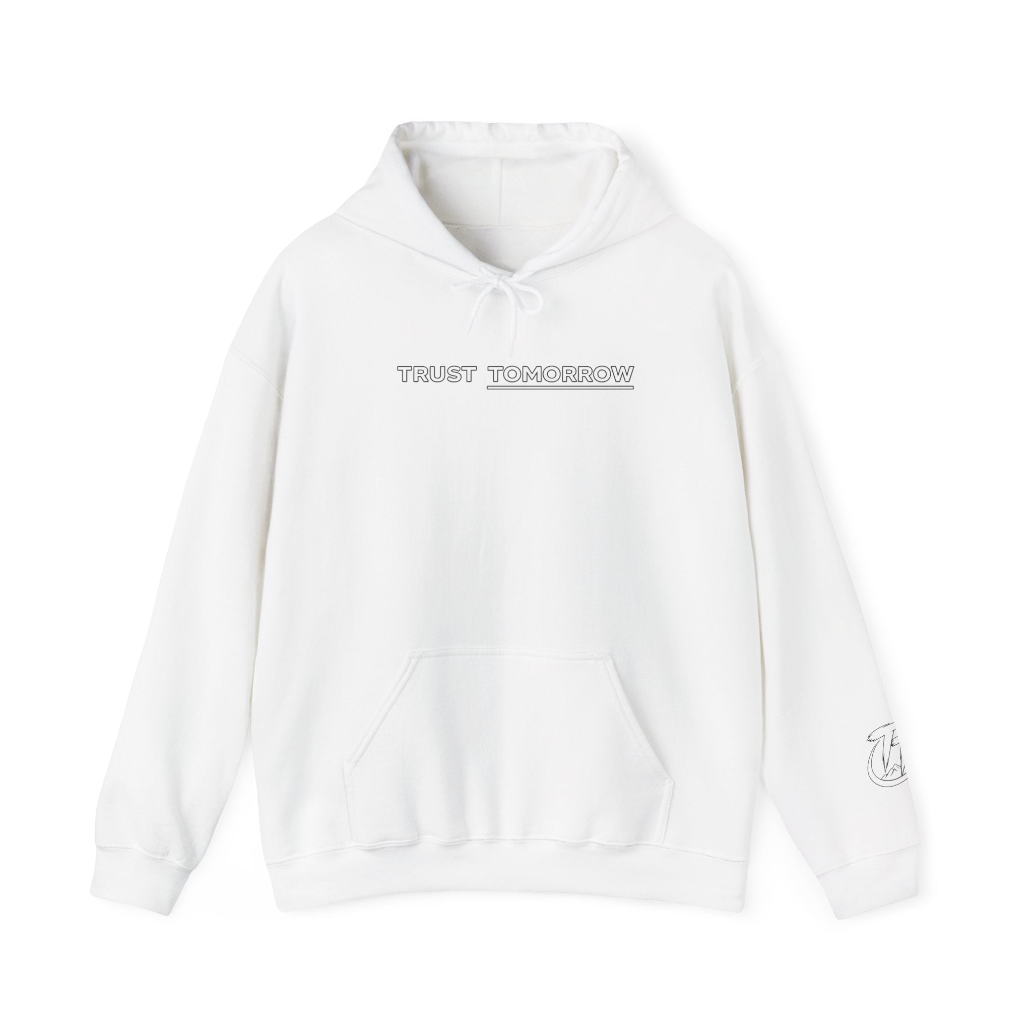 Trust Tomorrow Hoodie — Minimal White Pullover with Subtle Text