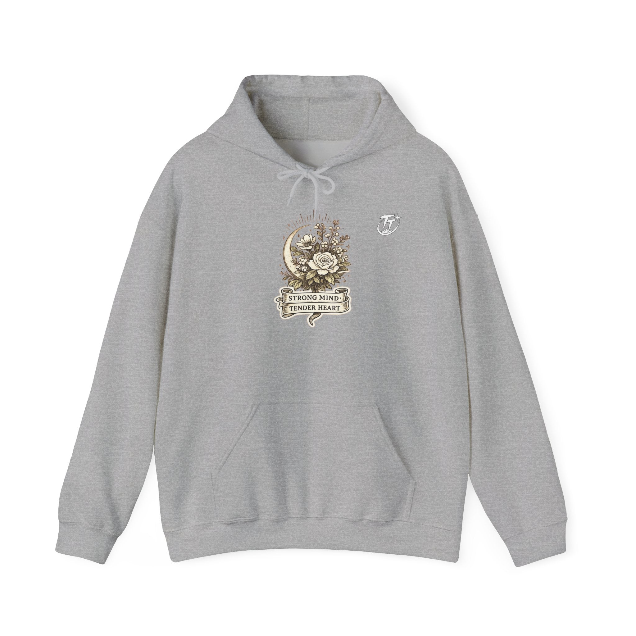 Floral Crescent Moon Hoodie — "Strong Mind, Gentle Heart" Comfort Sweatshirt