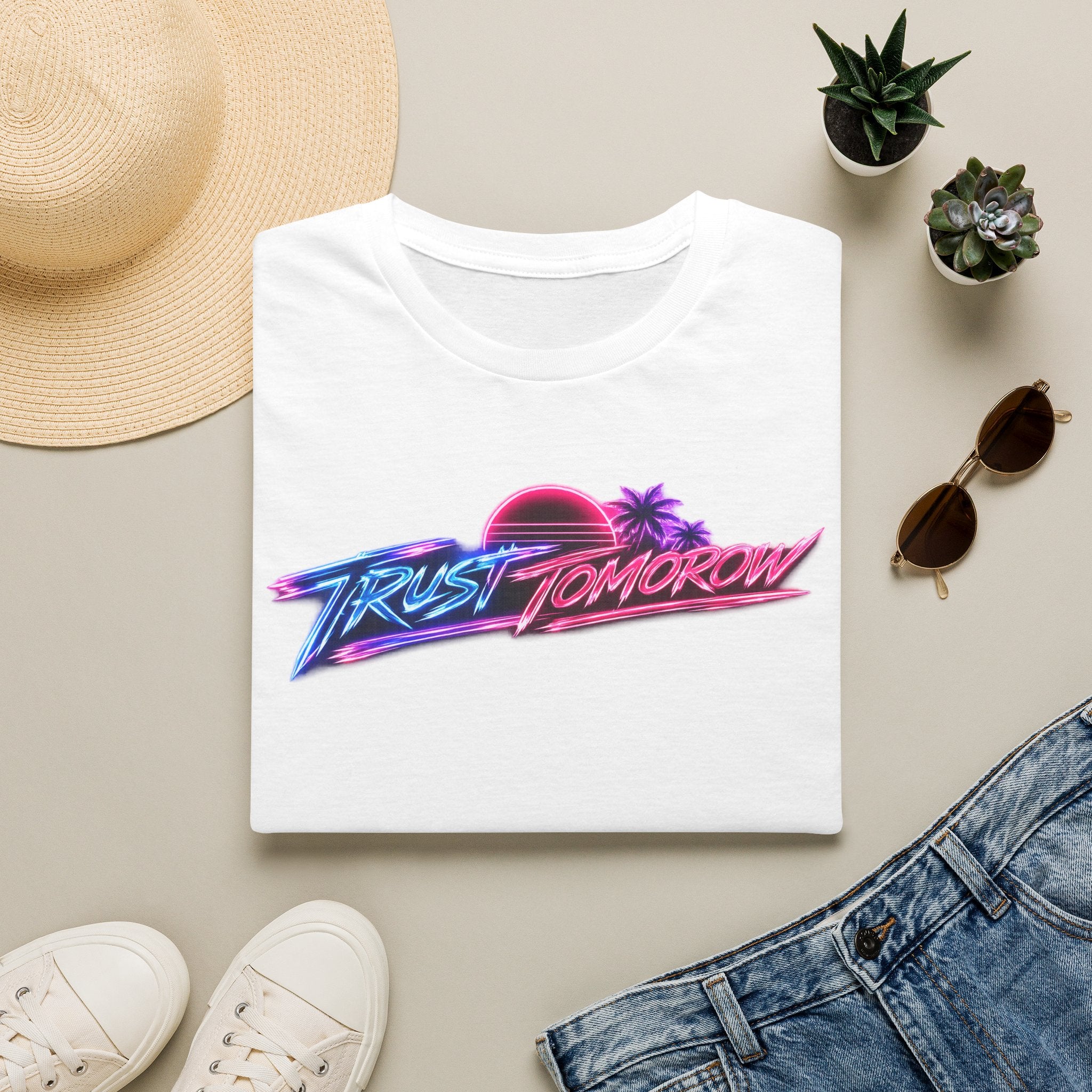 T-Shirt — Retro 'Trust Tomorrow' Neon Sunset Graphic Tee