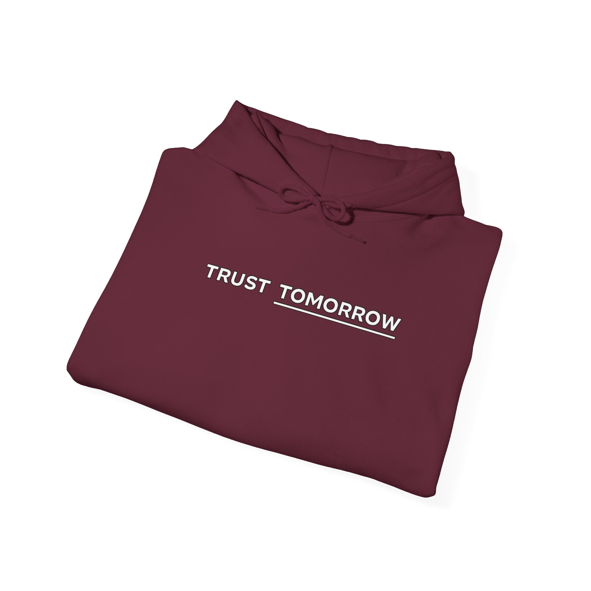 Trust Tomorrow Hoodie — Minimal White Pullover with Subtle Text