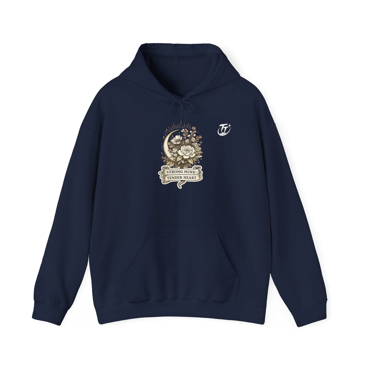 Floral Crescent Moon Hoodie — "Strong Mind, Gentle Heart" Comfort Sweatshirt