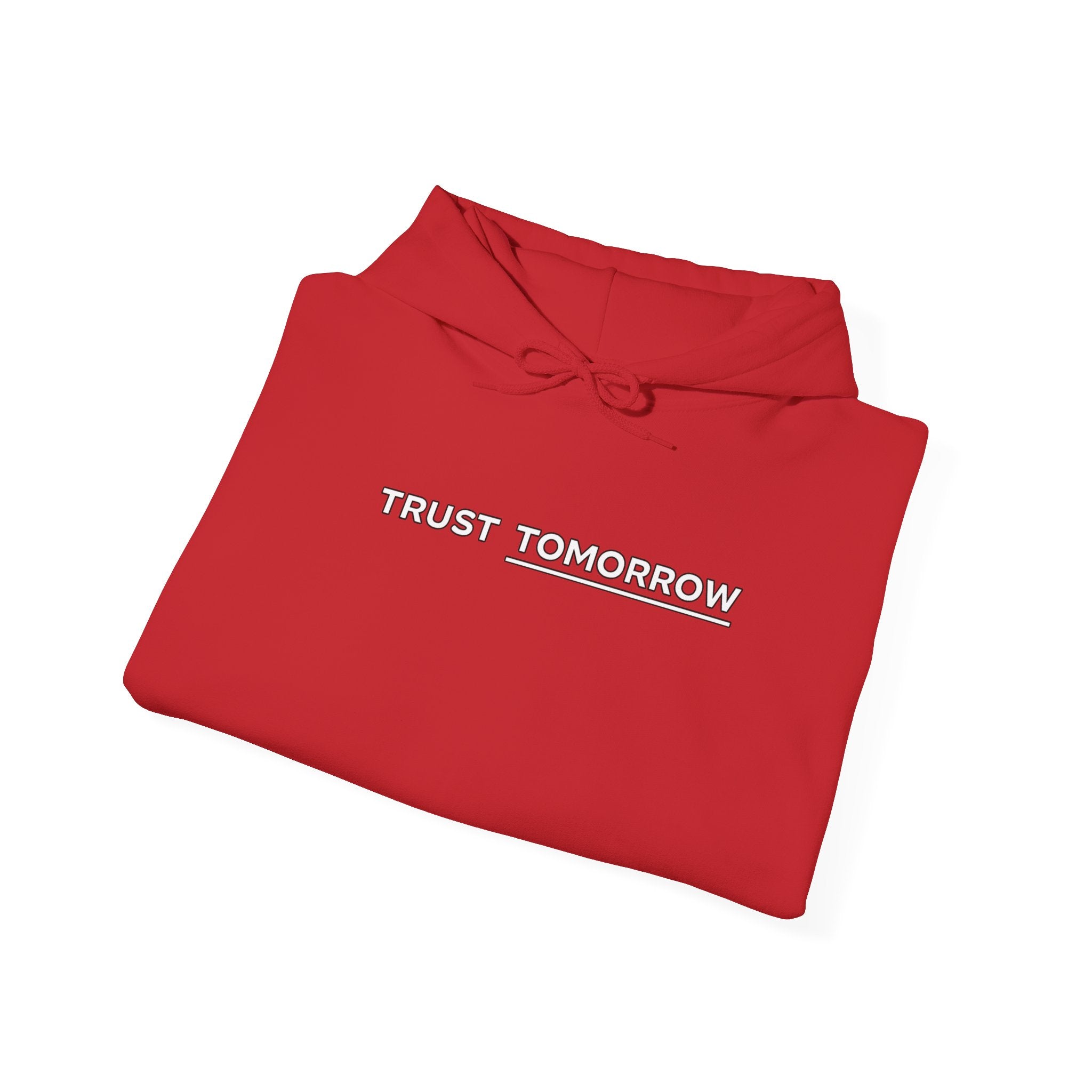 Trust Tomorrow Hoodie — Minimal White Pullover with Subtle Text