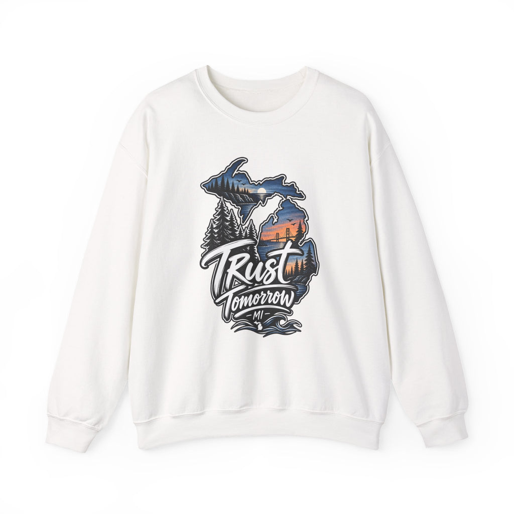 Michigan 'Trust Tomorrow' Crewneck Sweatshirt – Scenic Sunset Lake Design