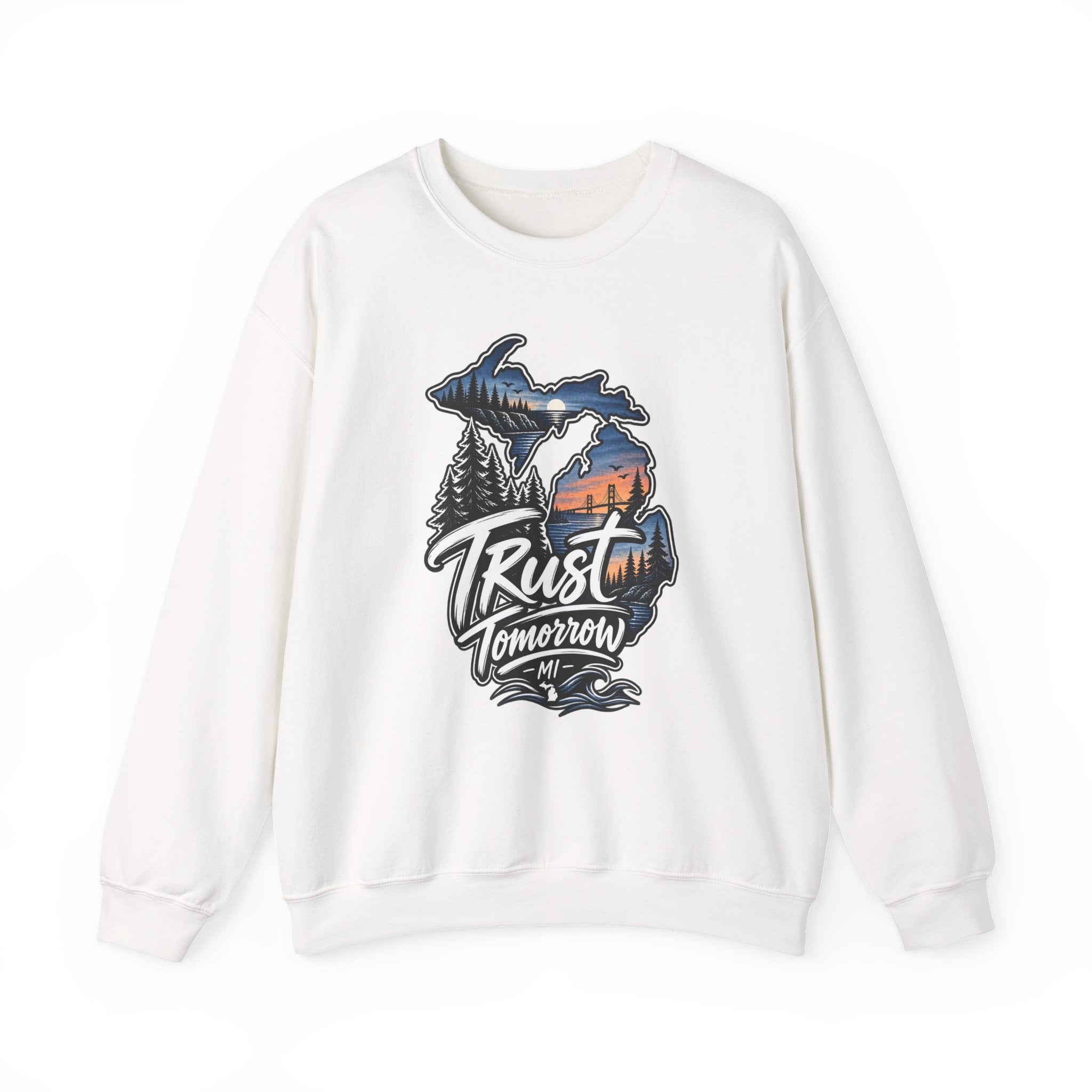 Michigan 'Trust Tomorrow' Crewneck Sweatshirt – Scenic Sunset Lake Design