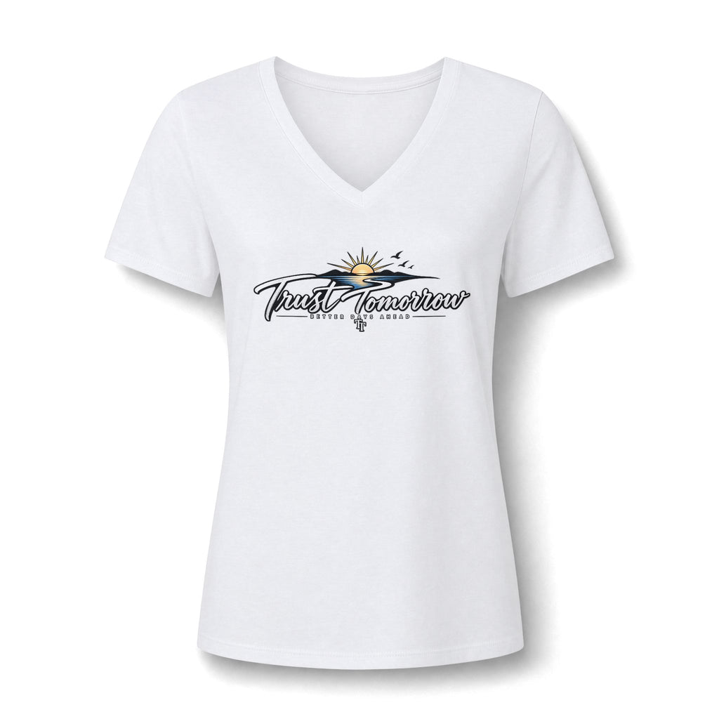 Women's V-Neck Tee — 'Trust Tomorrow' Sunrise Graphic Comfort Shirt