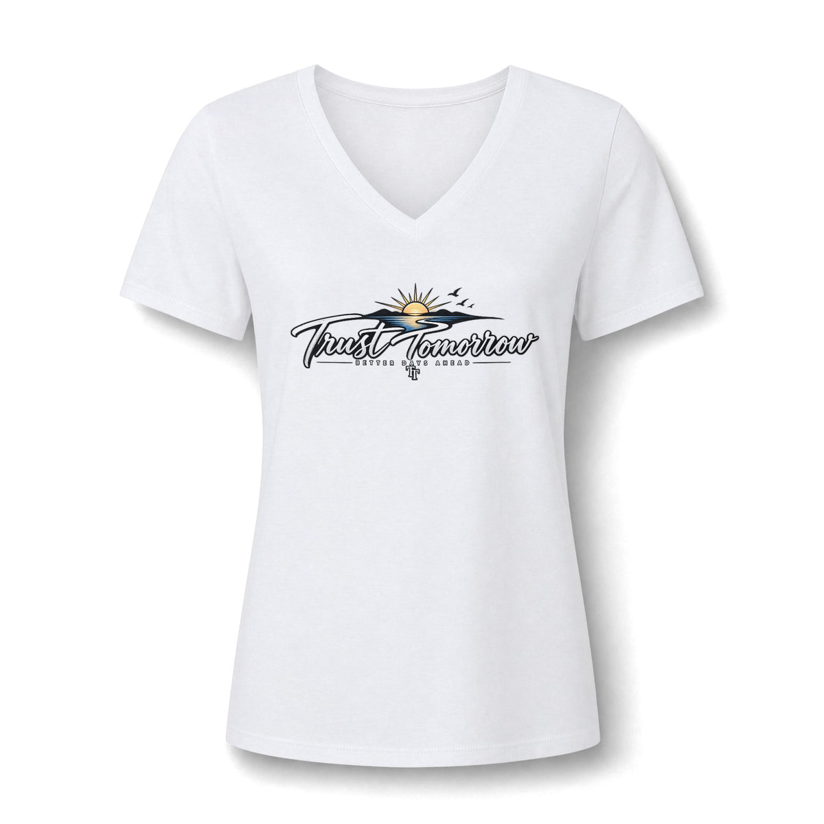 Women's V-Neck Tee — 'Trust Tomorrow' Sunrise Graphic Comfort Shirt