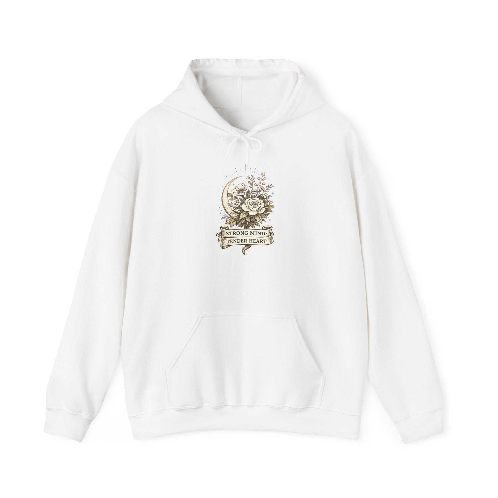 Floral Crescent Moon Hoodie — "Strong Mind, Gentle Heart" Comfort Sweatshirt