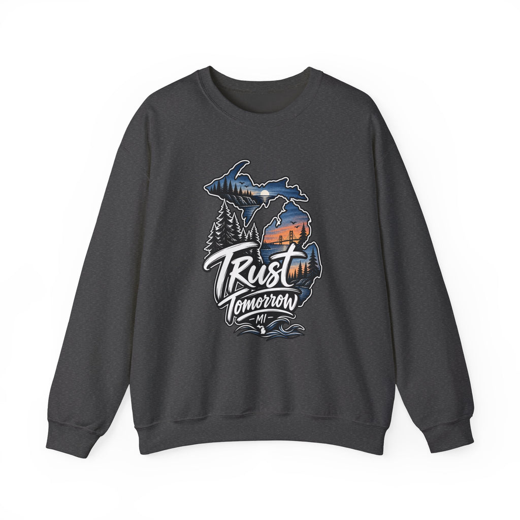 Michigan 'Trust Tomorrow' Crewneck Sweatshirt – Scenic Sunset Lake Design
