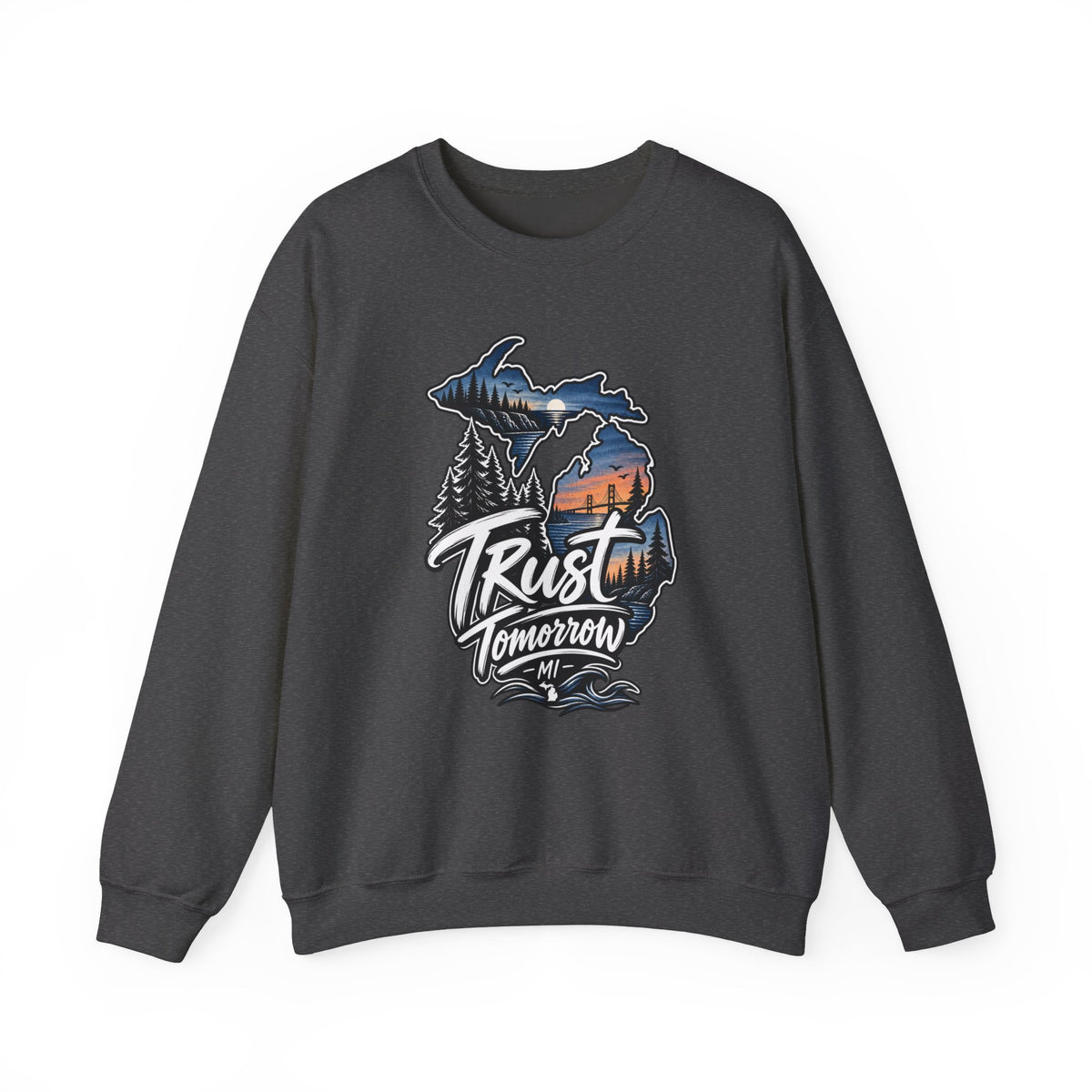 Michigan 'Trust Tomorrow' Crewneck Sweatshirt – Scenic Sunset Lake Design