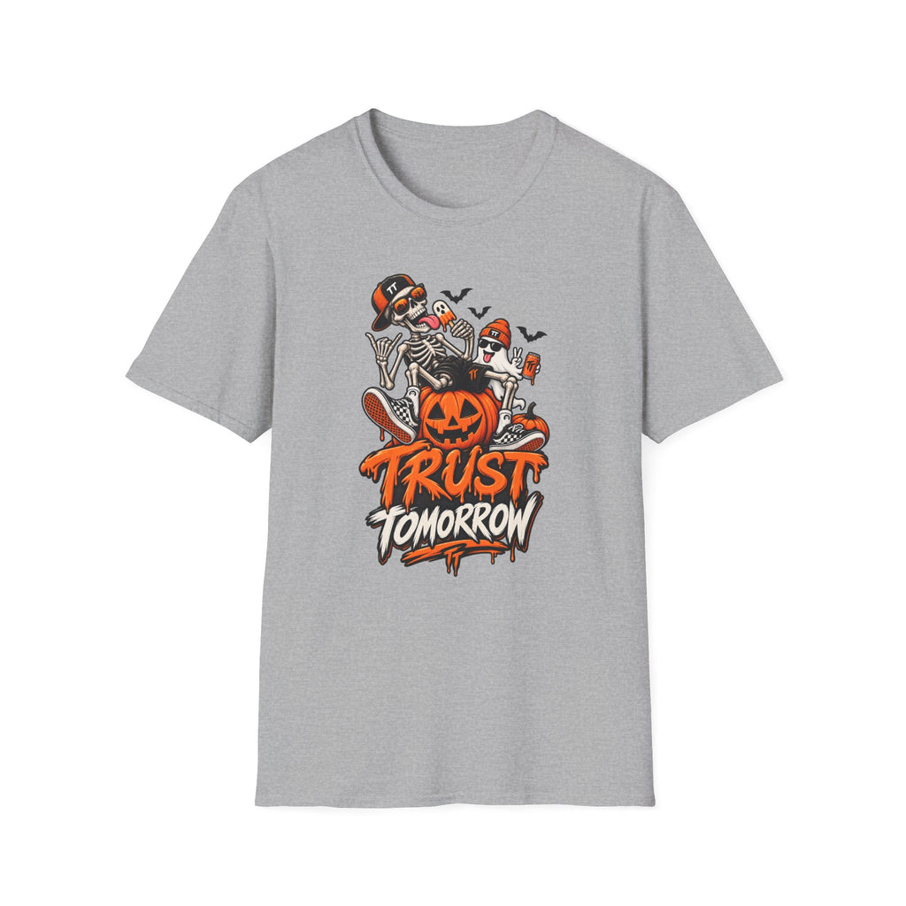 Halloween Skeletons Pumpkin T‑Shirt — “Trust Tomorrow” Graphic Tee
