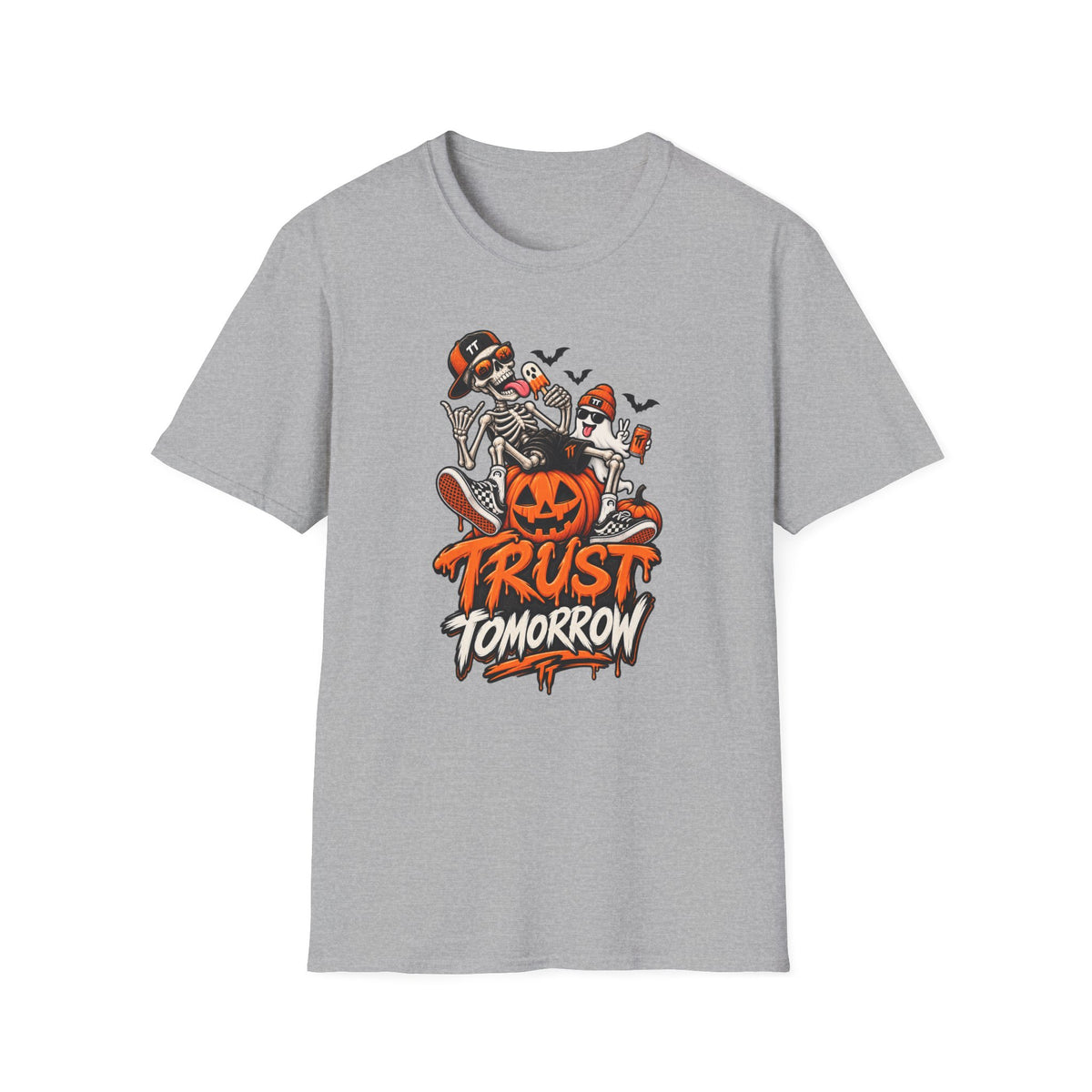 Halloween Skeletons Pumpkin T‑Shirt — “Trust Tomorrow” Graphic Tee