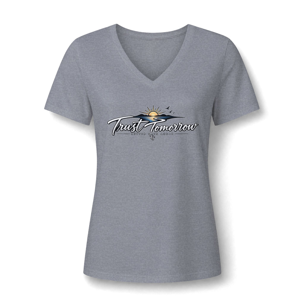 Women's V-Neck Tee — 'Trust Tomorrow' Sunrise Graphic Comfort Shirt