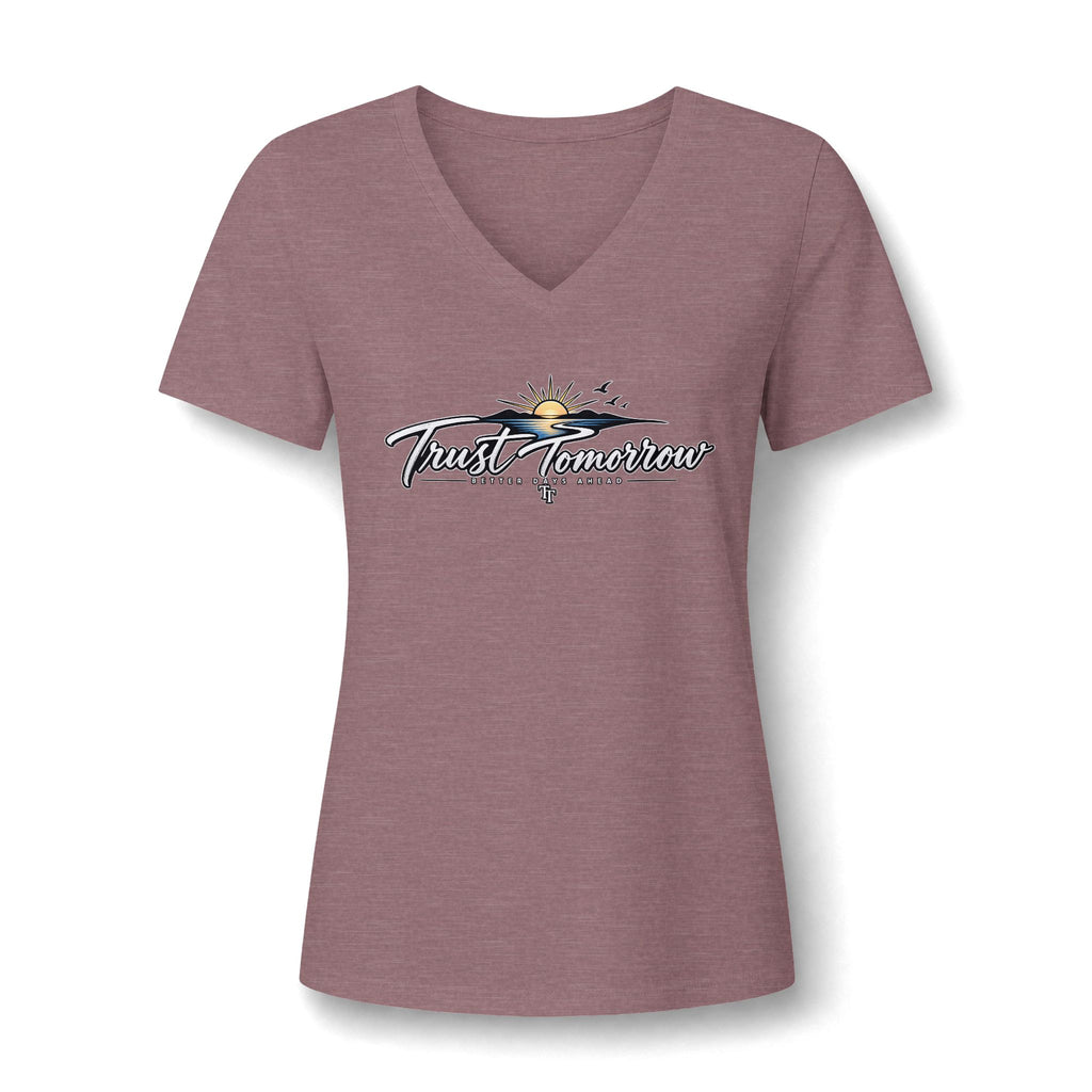 Women's V-Neck Tee — 'Trust Tomorrow' Sunrise Graphic Comfort Shirt