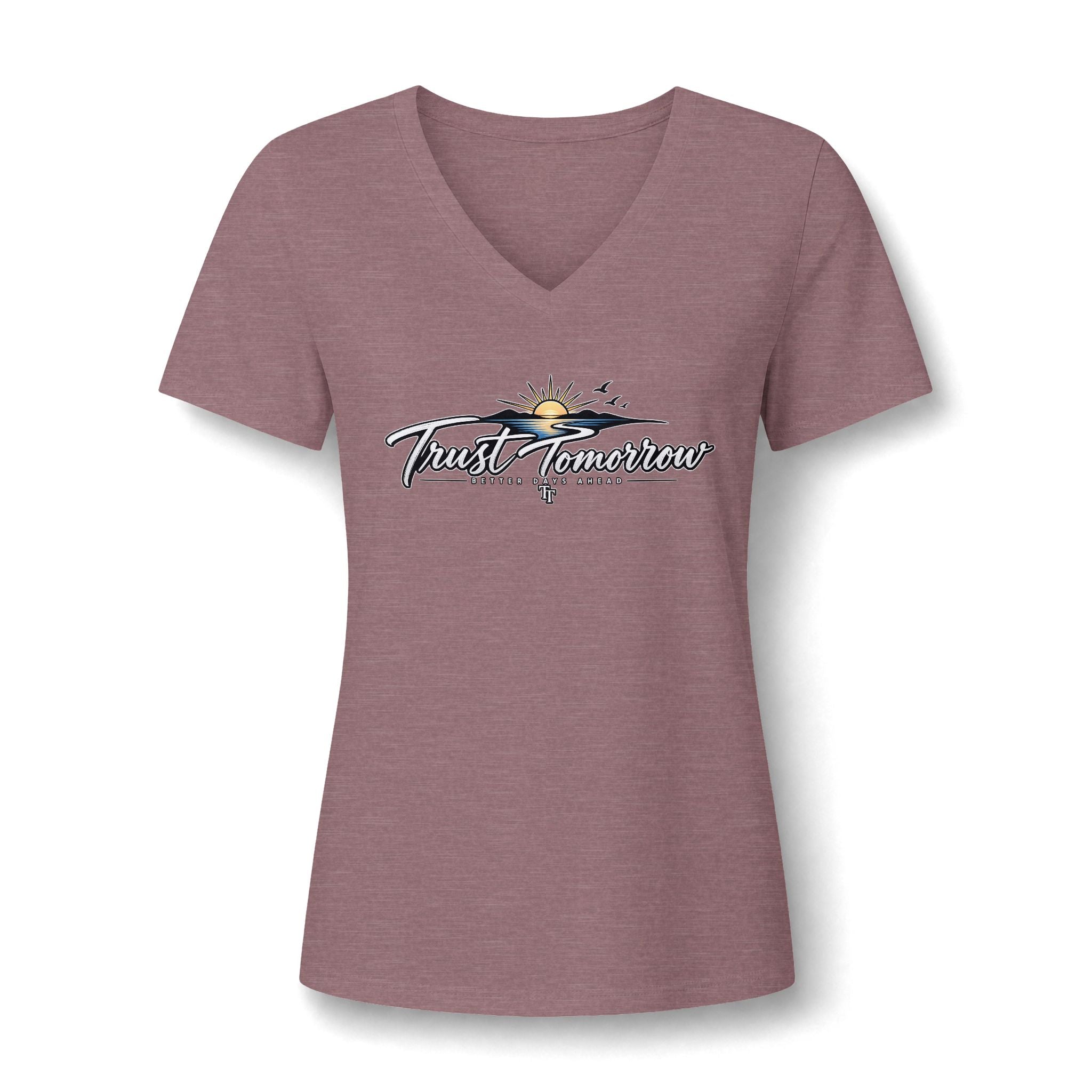 Women's V-Neck Tee — 'Trust Tomorrow' Sunrise Graphic Comfort Shirt