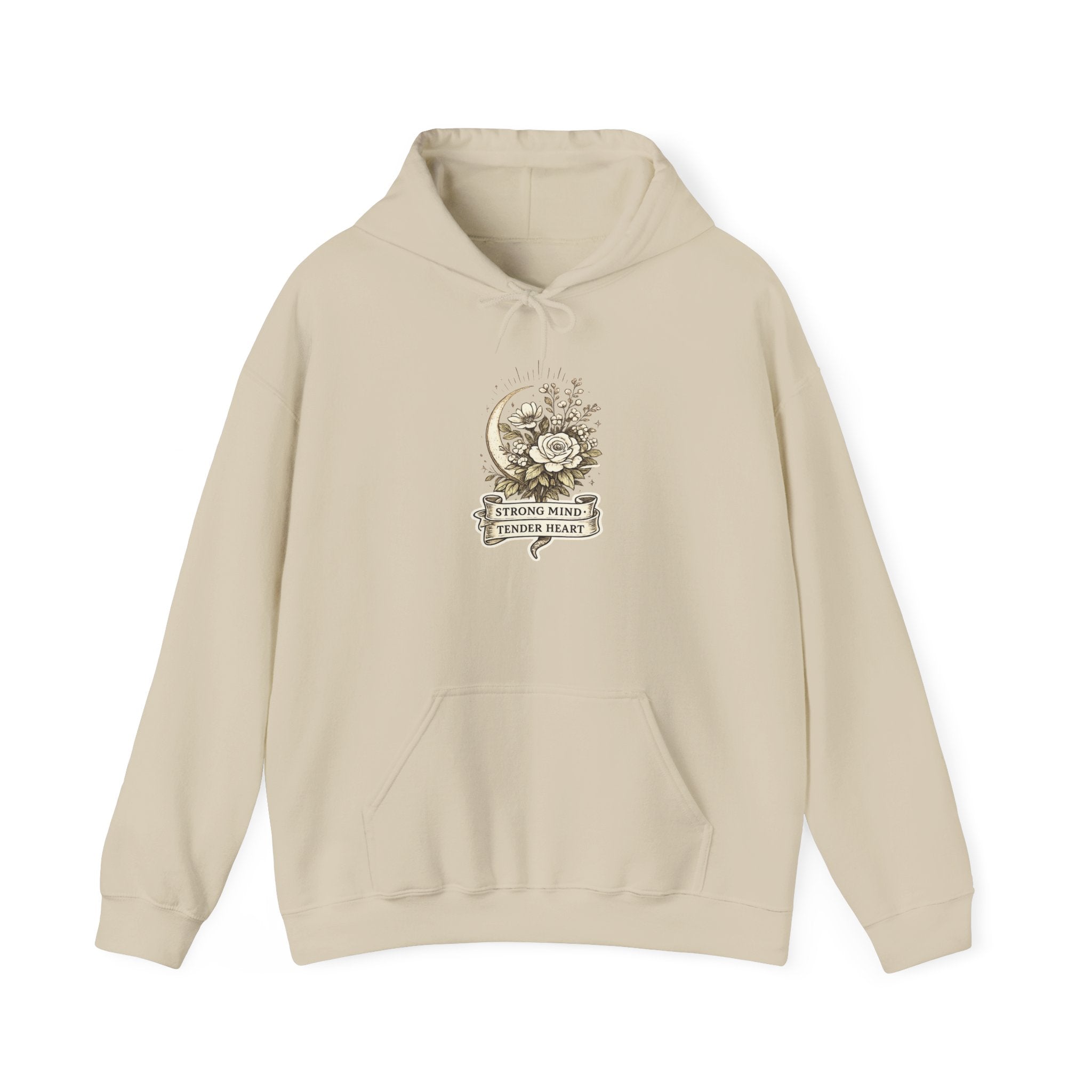 Floral Crescent Moon Hoodie — "Strong Mind, Gentle Heart" Comfort Sweatshirt