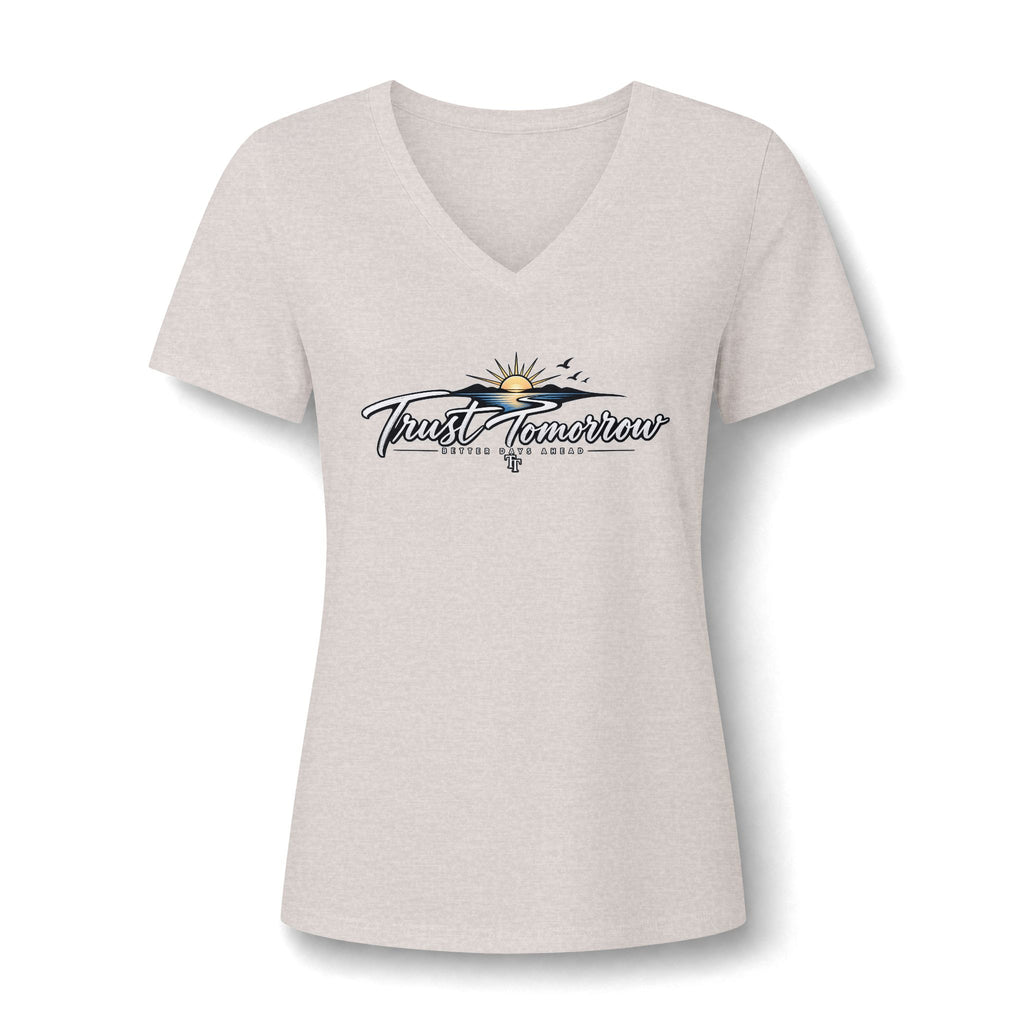 Women's V-Neck Tee — 'Trust Tomorrow' Sunrise Graphic Comfort Shirt