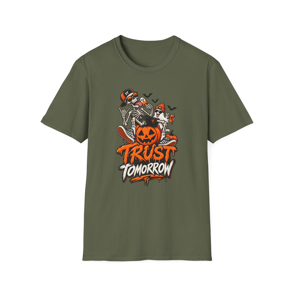 Halloween Skeletons Pumpkin T‑Shirt — “Trust Tomorrow” Graphic Tee