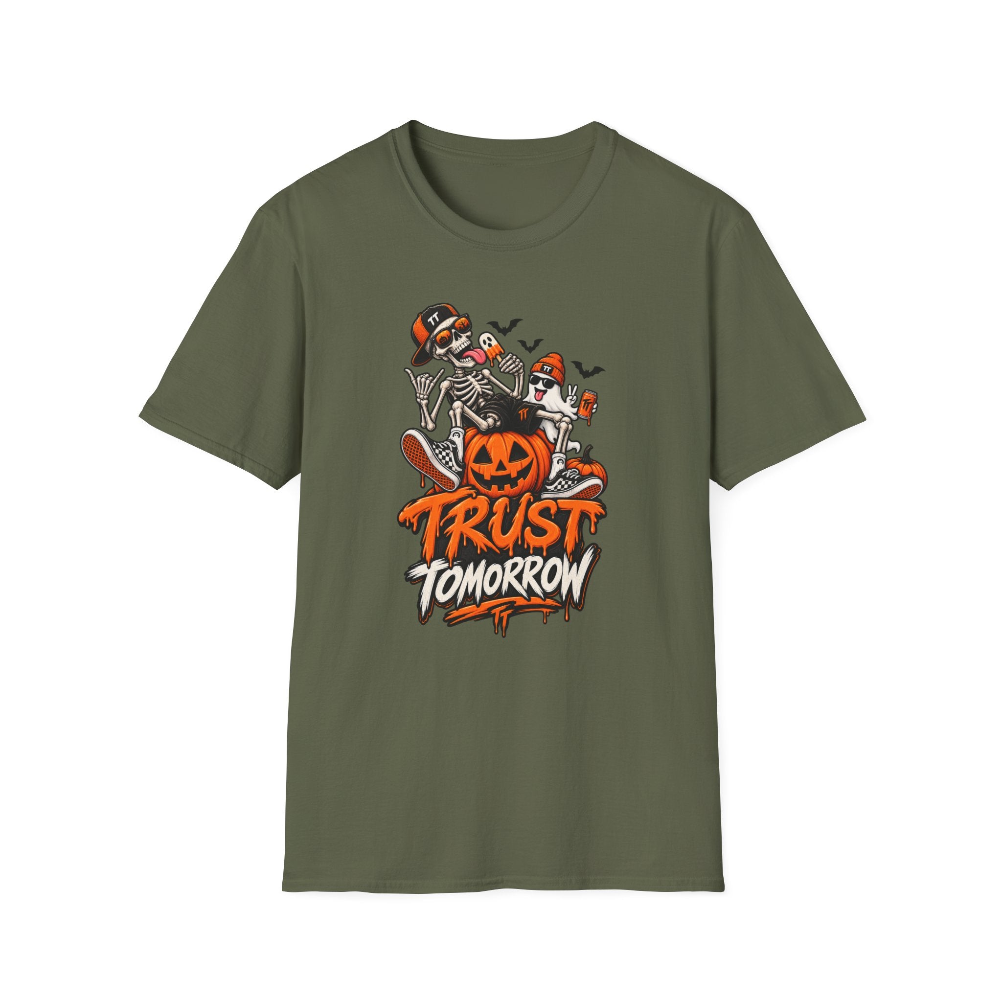 Halloween Skeletons Pumpkin T‑Shirt — “Trust Tomorrow” Graphic Tee