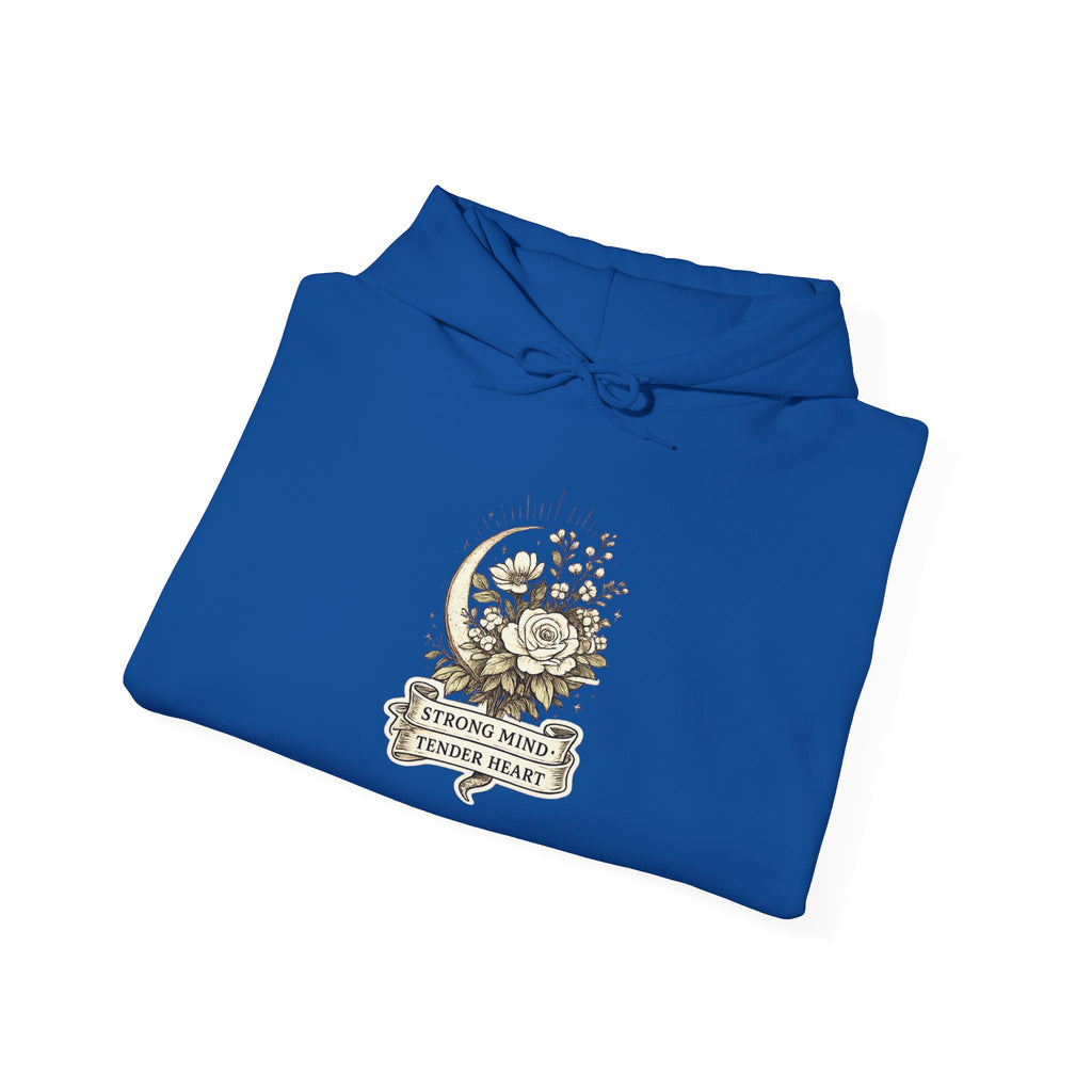 Floral Crescent Moon Hoodie — "Strong Mind, Gentle Heart" Comfort Sweatshirt