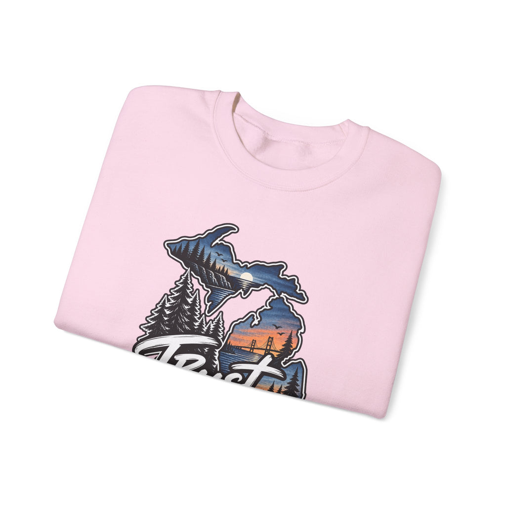 Michigan 'Trust Tomorrow' Crewneck Sweatshirt – Scenic Sunset Lake Design
