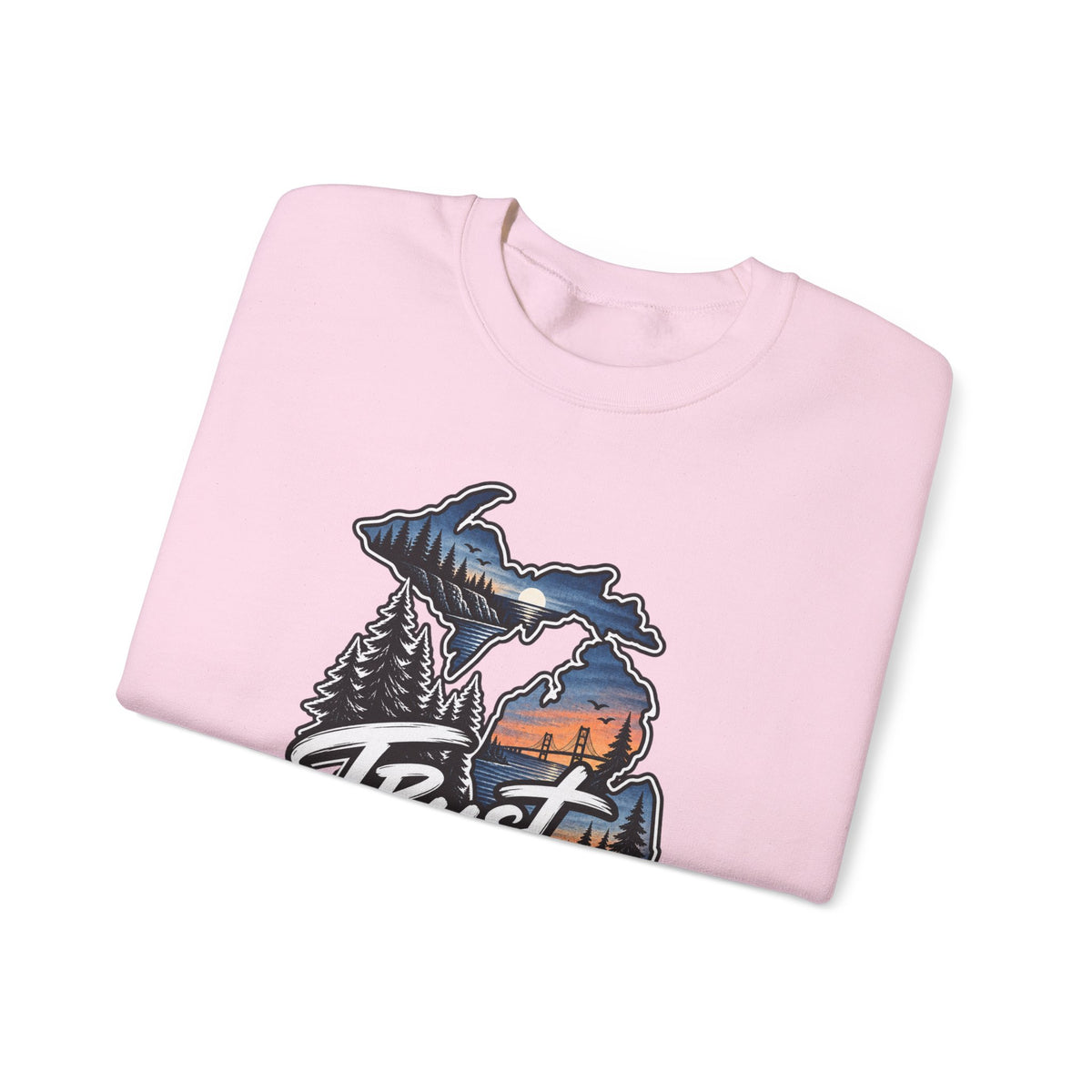 Michigan 'Trust Tomorrow' Crewneck Sweatshirt – Scenic Sunset Lake Design