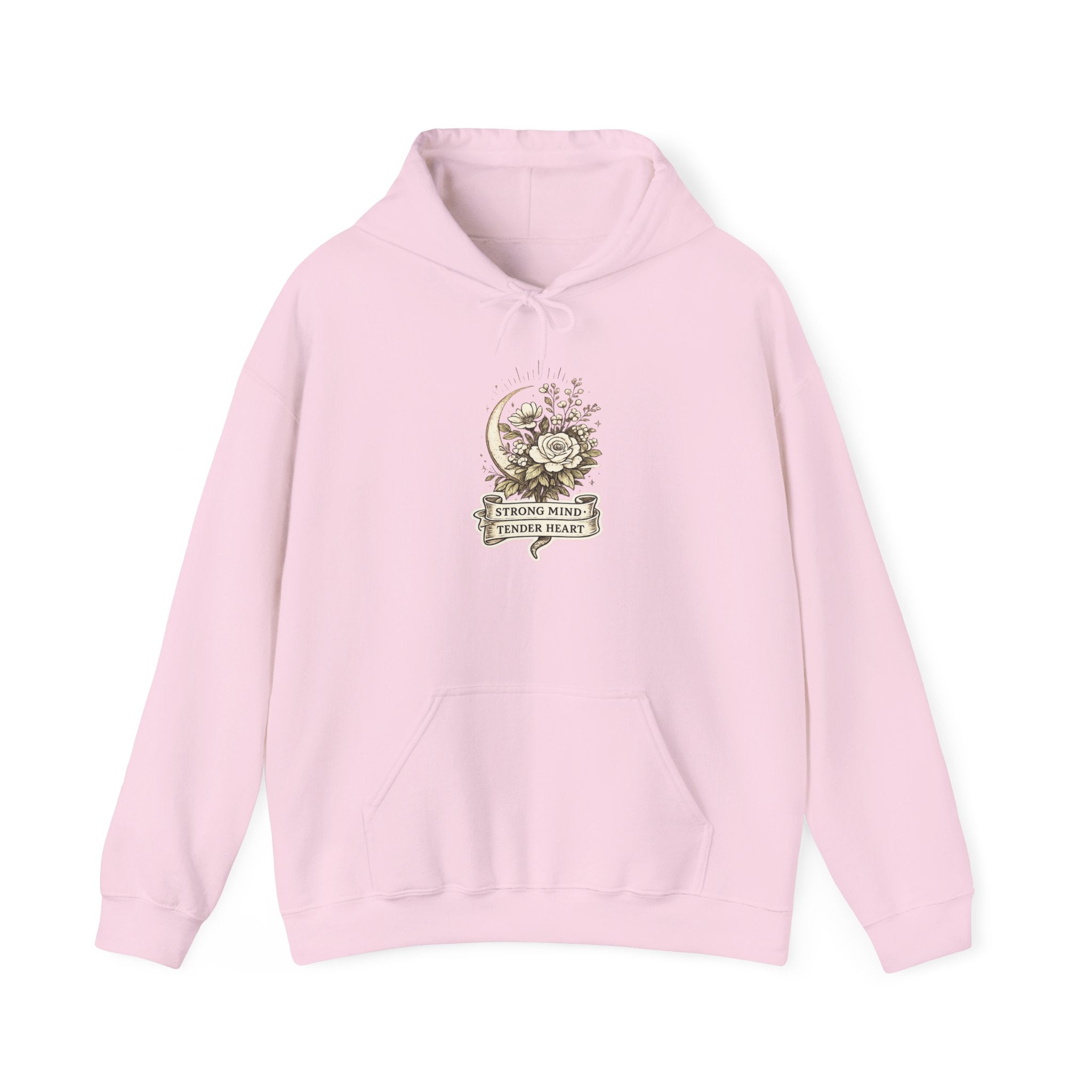 Floral Crescent Moon Hoodie — "Strong Mind, Gentle Heart" Comfort Sweatshirt