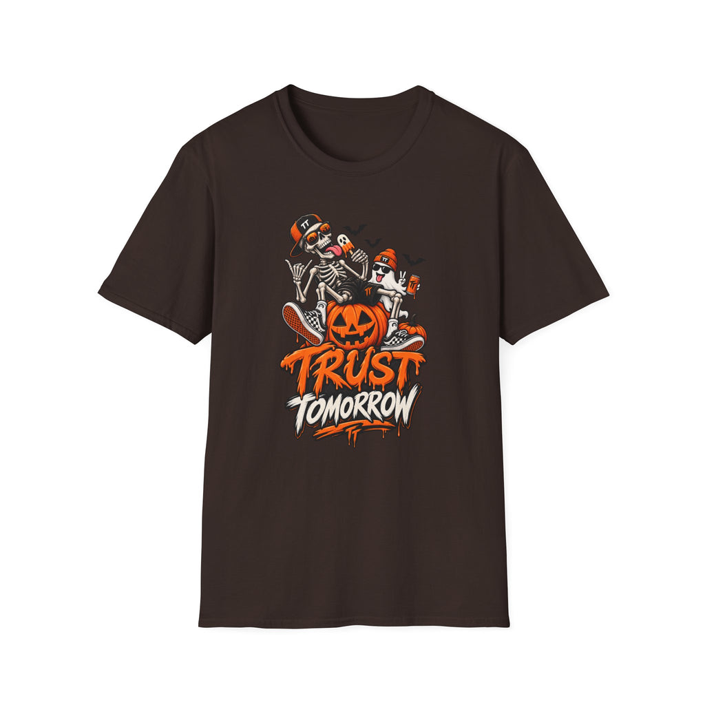 Halloween Skeletons Pumpkin T‑Shirt — “Trust Tomorrow” Graphic Tee