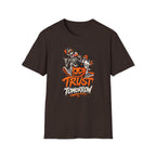 Halloween Skeletons Pumpkin T‑Shirt — “Trust Tomorrow” Graphic Tee